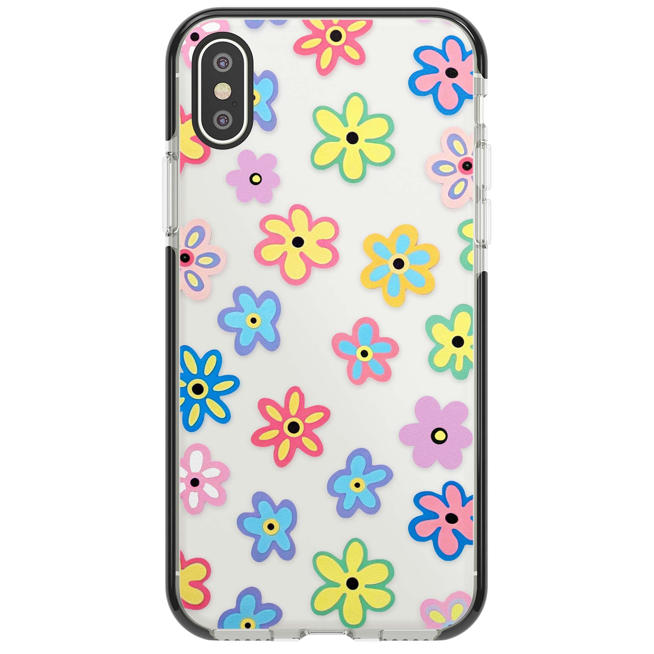 Bloom Pop cottagecore iPhone case featuring multicolor pastel flowers with black centers on clear background | Black Impact case for iPhone X, iPhone XS Max, iPhone XR
