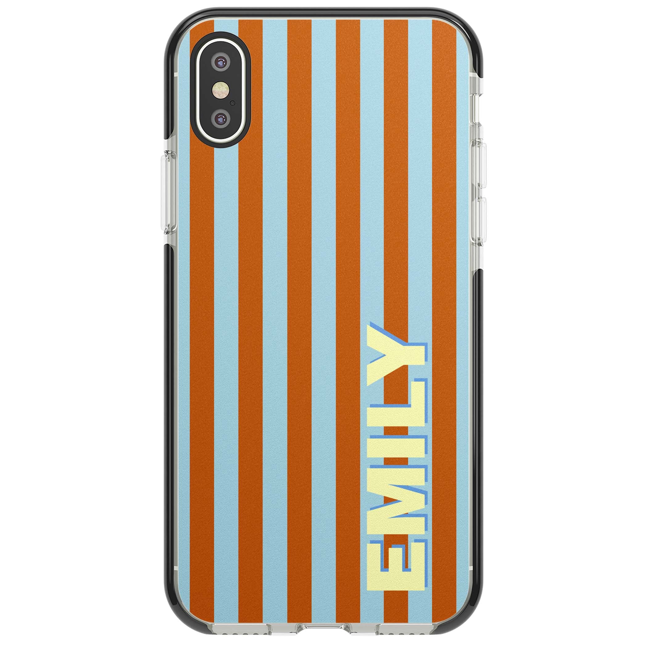 Cappadocia Stripe personalised coastal iPhone case featuring blue and orange vertical stripes with custom cream name | Black Impact case for iPhone X, iPhone XS Max, iPhone XR