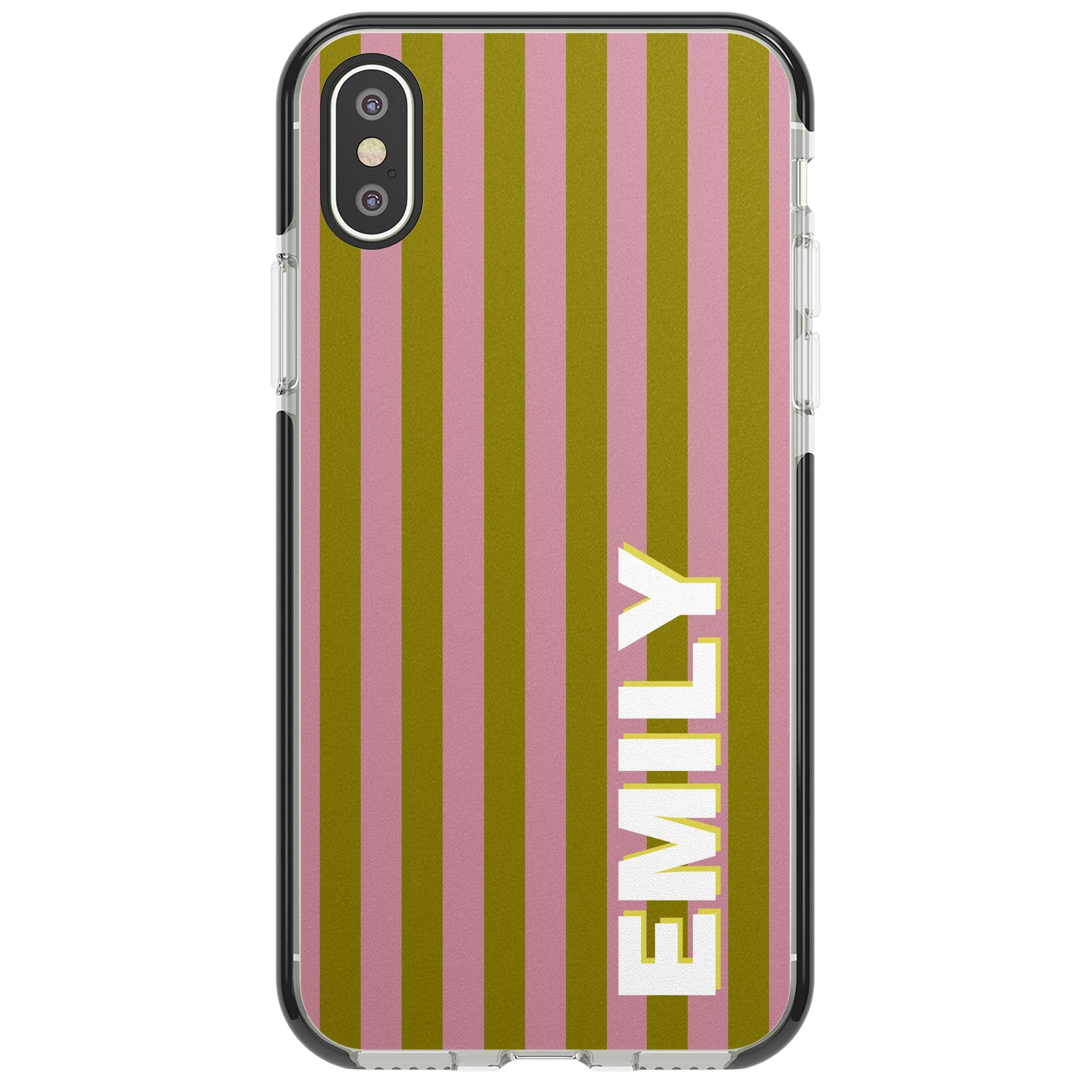 Istanbul Stripe personalised iPhone case featuring pink and olive green vertical stripes with a custom vertical name | Black Impact case for iPhone X, iPhone XS Max, iPhone XR