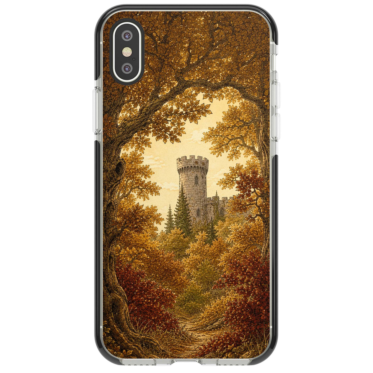 Autumn Keep cottagecore iPhone case featuring a medieval castle tower framed by golden autumn trees and woodland foliage | Black Impact case for iPhone X, iPhone XS Max, iPhone XR