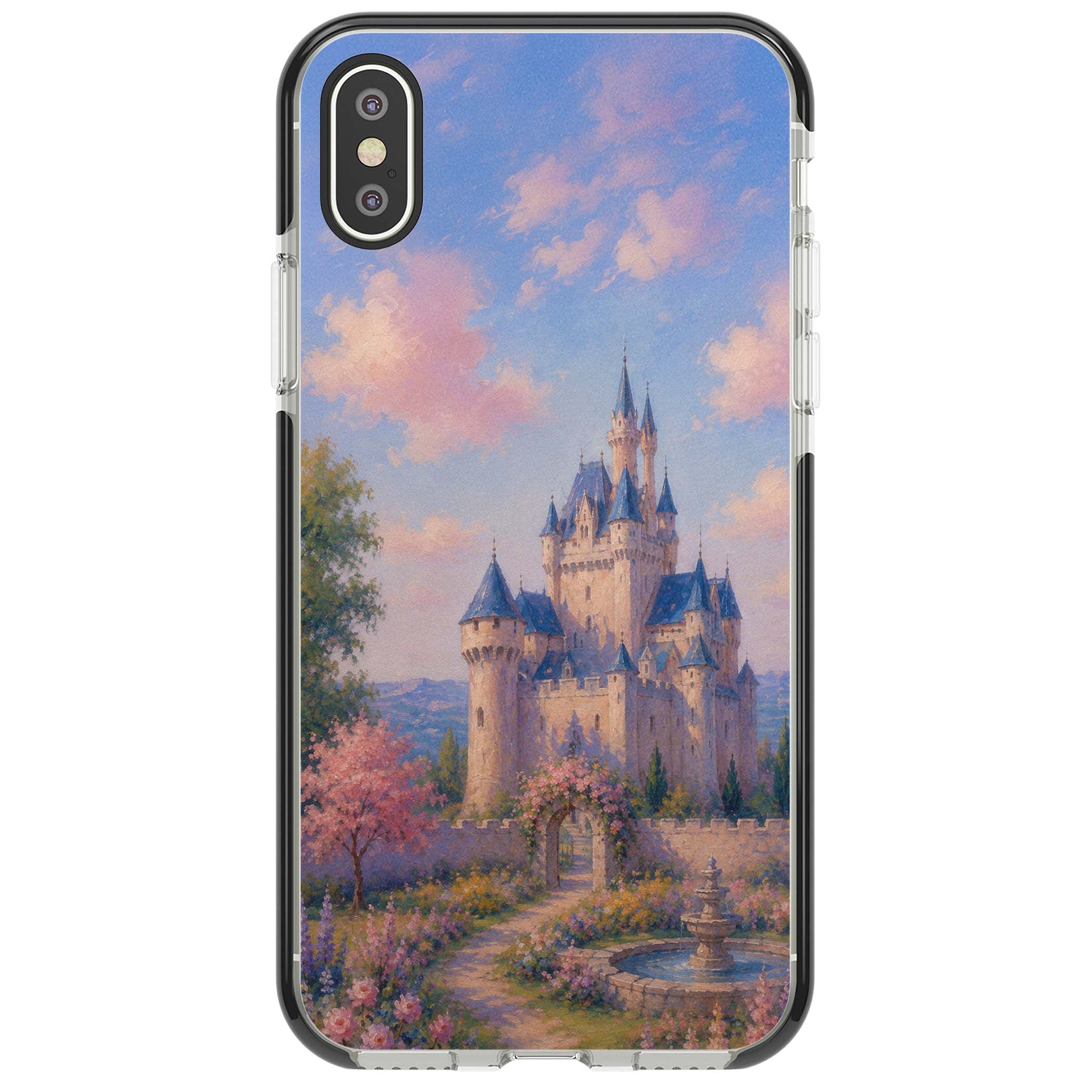 Enchanted Kingdom fairytale iPhone case featuring a romantic castle painting with cherry blossoms and pastel pink sky | Black Impact case for iPhone X, iPhone XS Max, iPhone XR