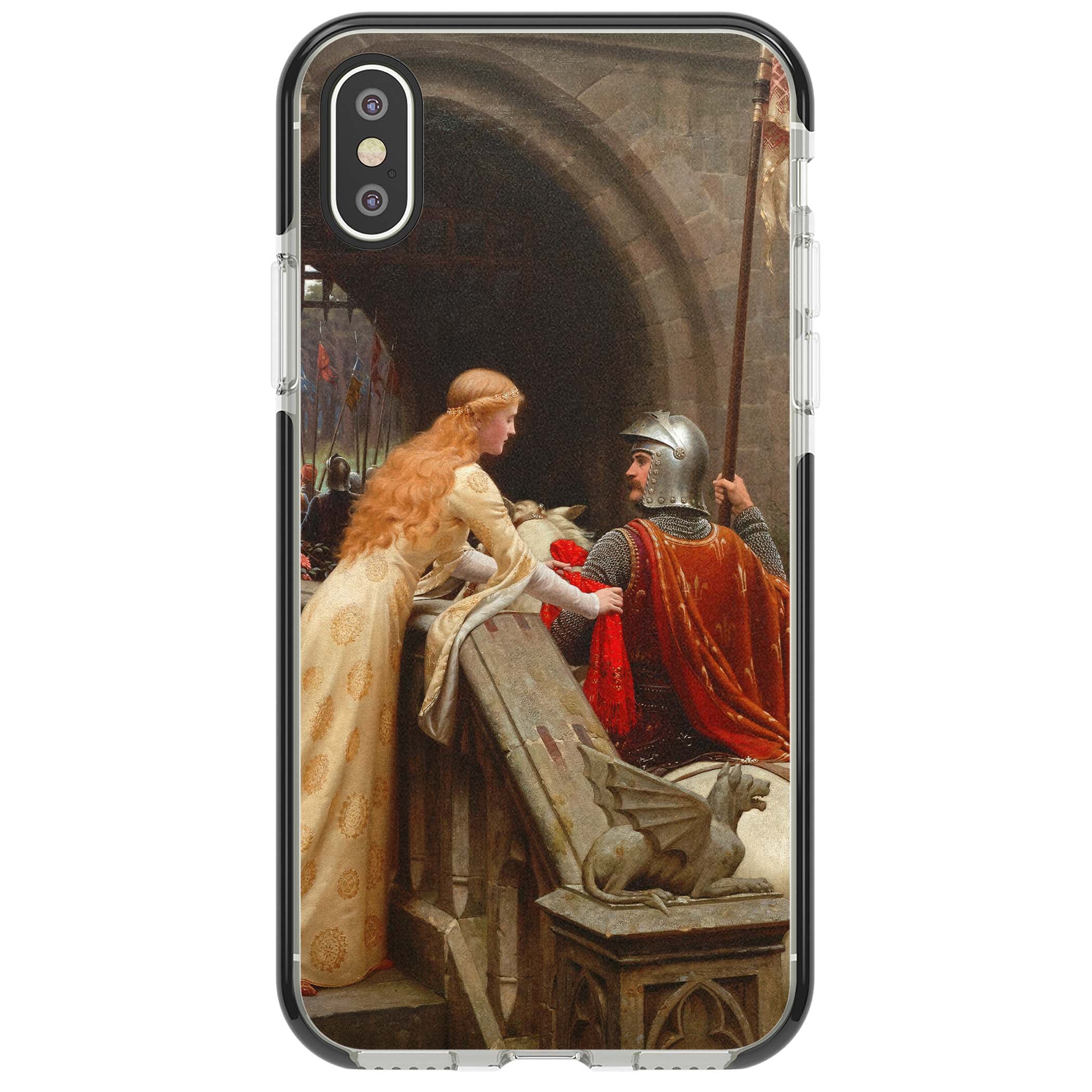 God Speed fine art iPhone case featuring Edmund Blair Leighton's medieval knight and lady beneath a stone archway | Black Impact case for iPhone X, iPhone XS Max, iPhone XR