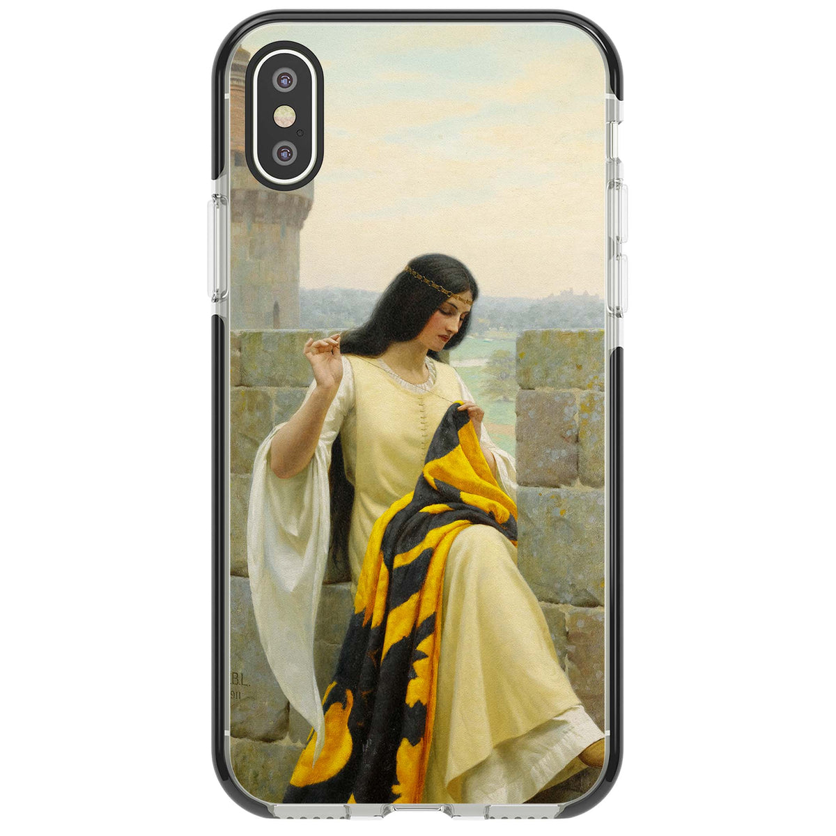 Stitching the Standard renaissance art iPhone case featuring a medieval lady sewing a golden banner on a castle wall | Black Impact case for iPhone X, iPhone XS Max, iPhone XR