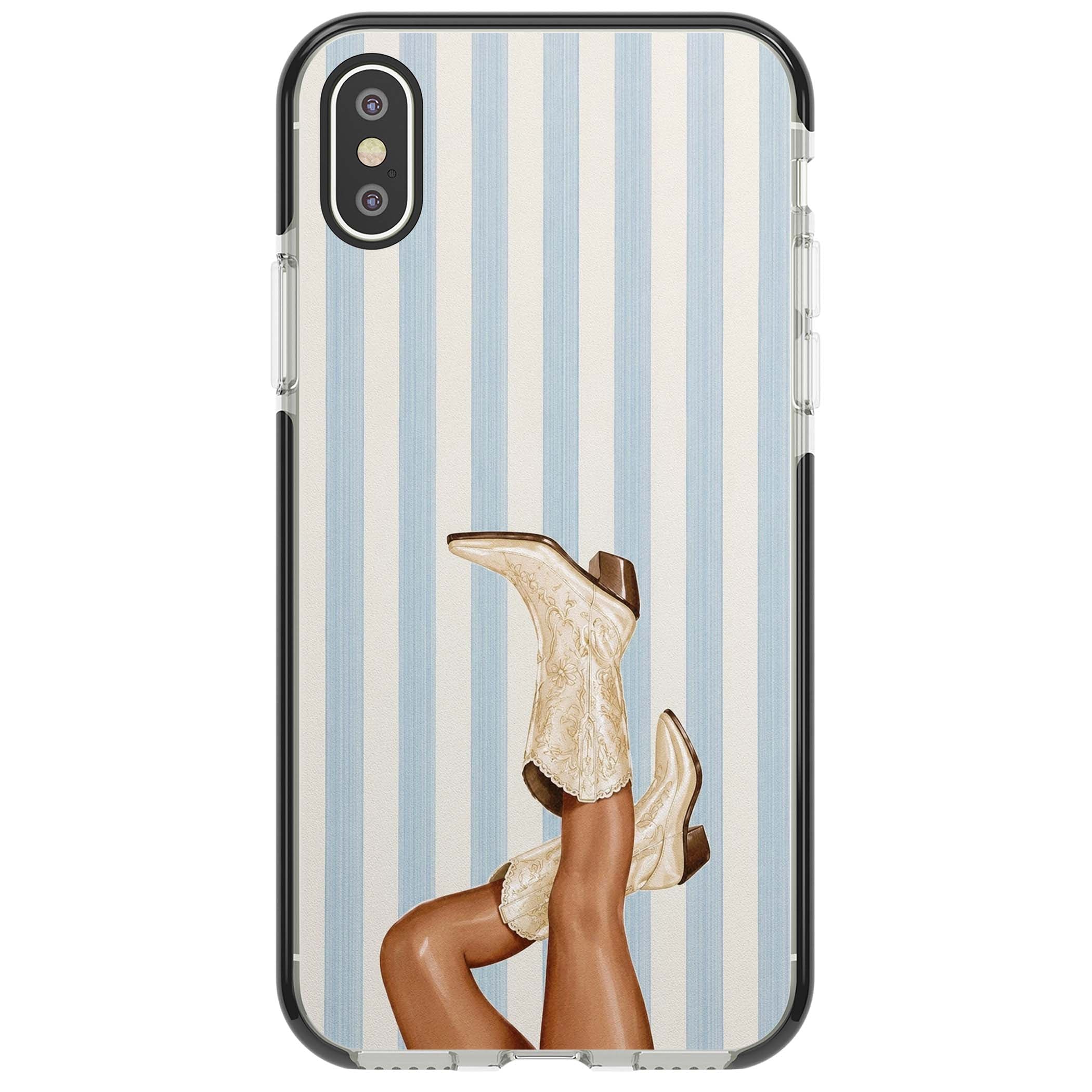 Cowgirl Boots coastal cowgirl iPhone case featuring embroidered western boots, tanned legs and a blue stripe backdrop | Black Impact case for iPhone X, iPhone XS Max, iPhone XR