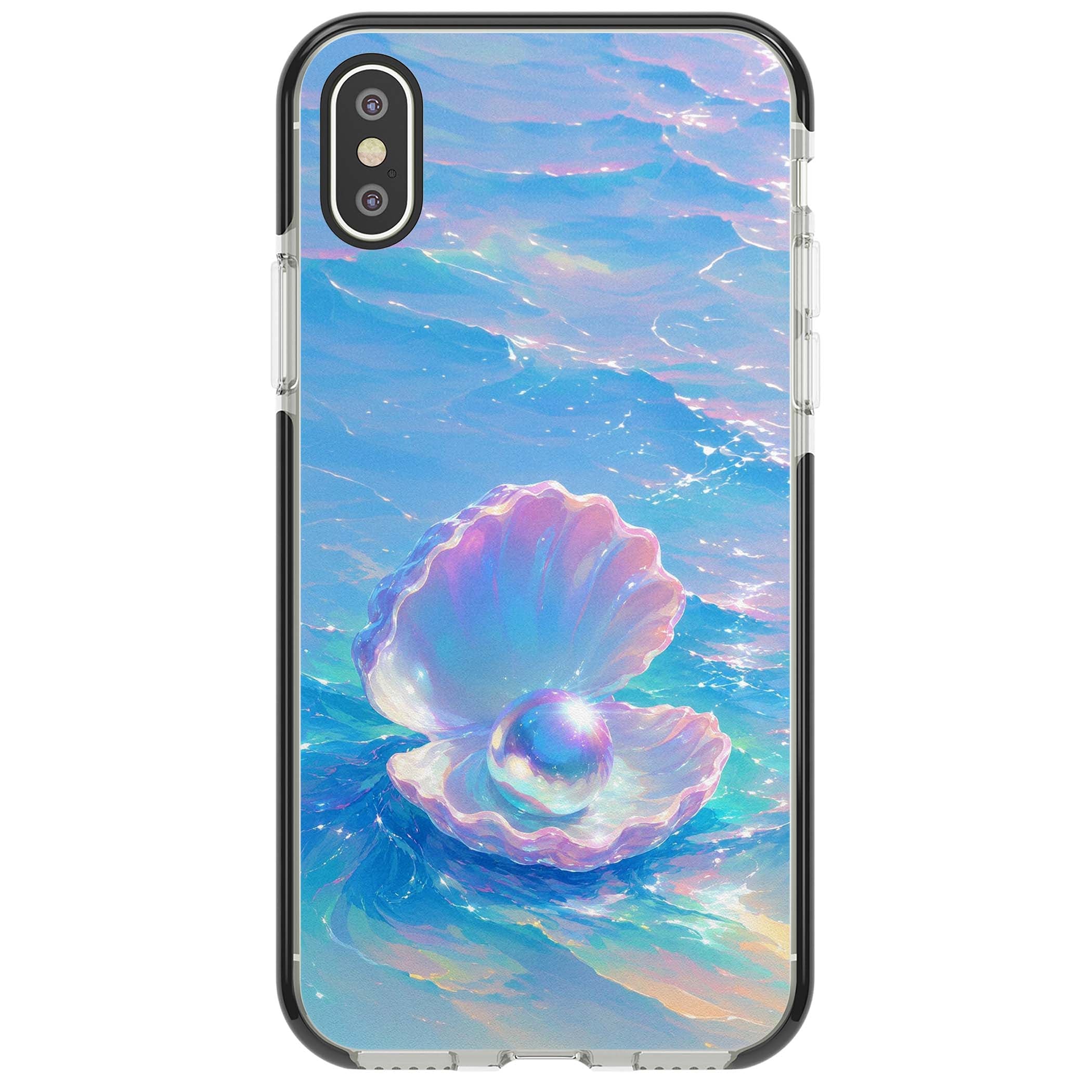 The Pearl Clam mermaidcore iPhone case featuring iridescent seashell, glowing pearl and pastel ocean waves | Black Impact case for iPhone X, iPhone XS Max, iPhone XR