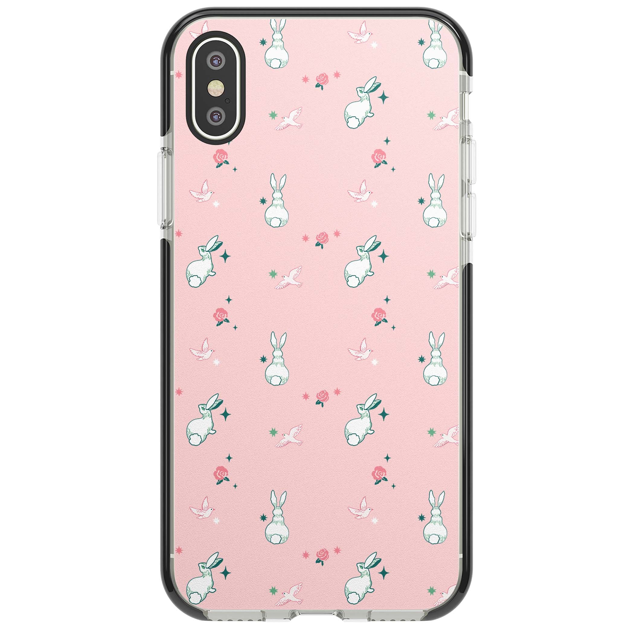 Bunny Garden kawaii iPhone case featuring white rabbits, pink roses, doves and stars on pink background | Black Impact case for iPhone X, iPhone XS Max, iPhone XR