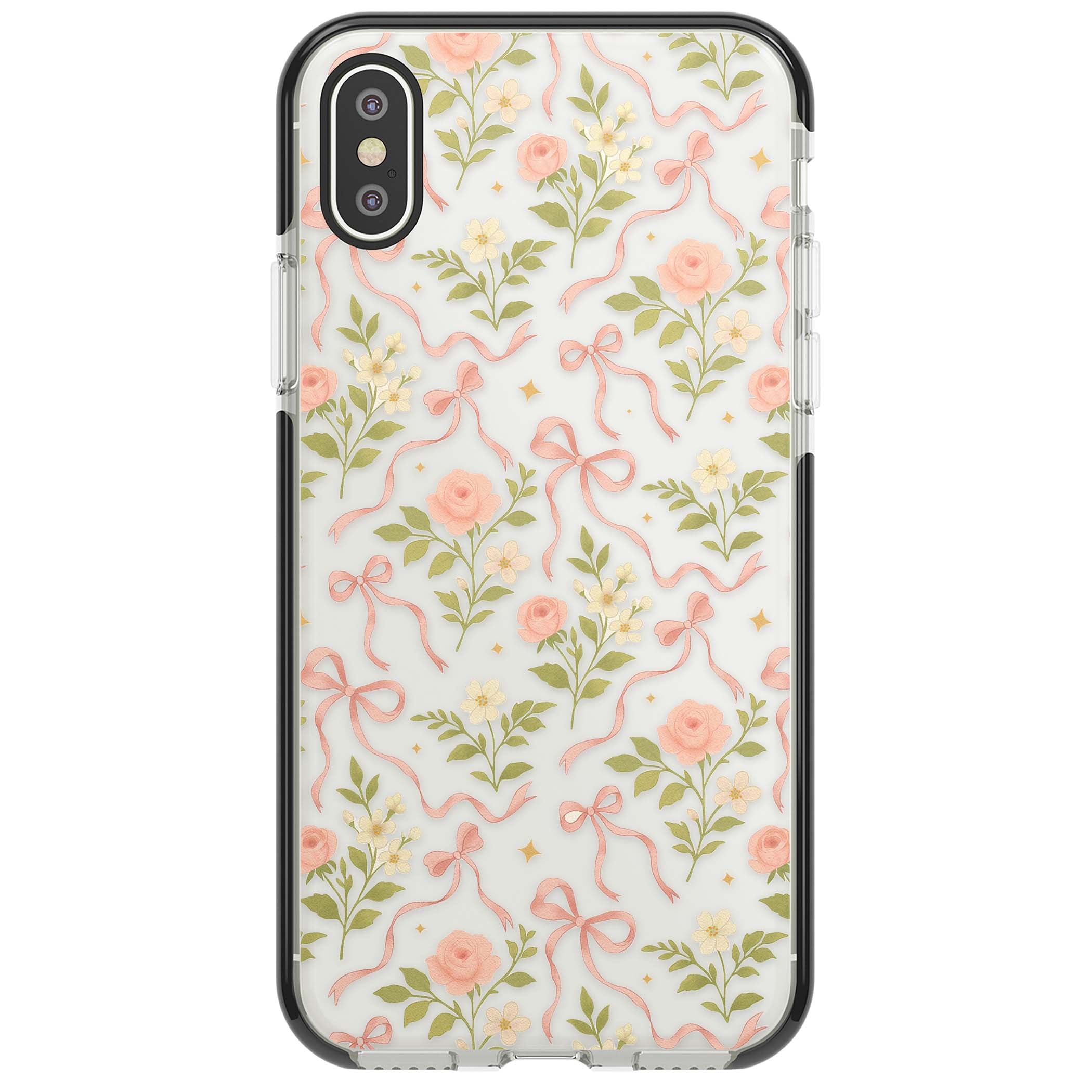 Ribbon Garden coquette iPhone case featuring pink bows, peach roses and wildflowers on white background | Black Impact case for iPhone X, iPhone XS Max, iPhone XR