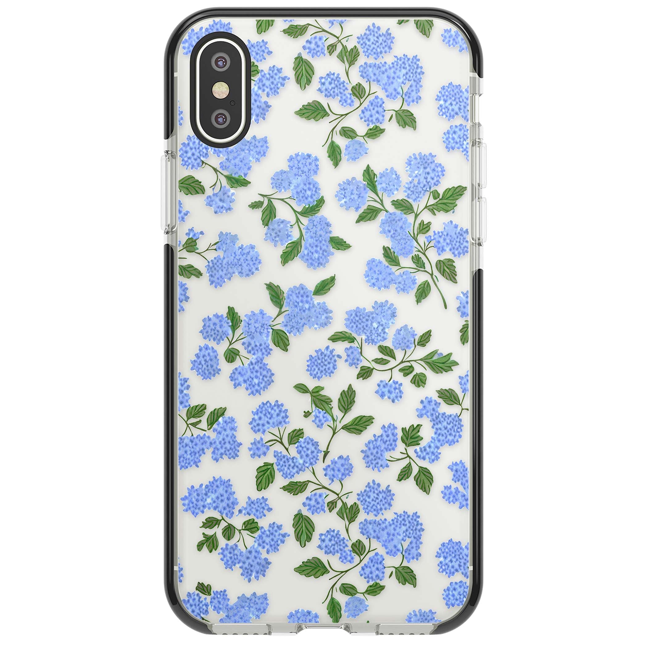 Hydrangea Dreams cottagecore iPhone case featuring soft blue hydrangea flower clusters and green leaves | Black Impact case for iPhone X, iPhone XS Max, iPhone XR