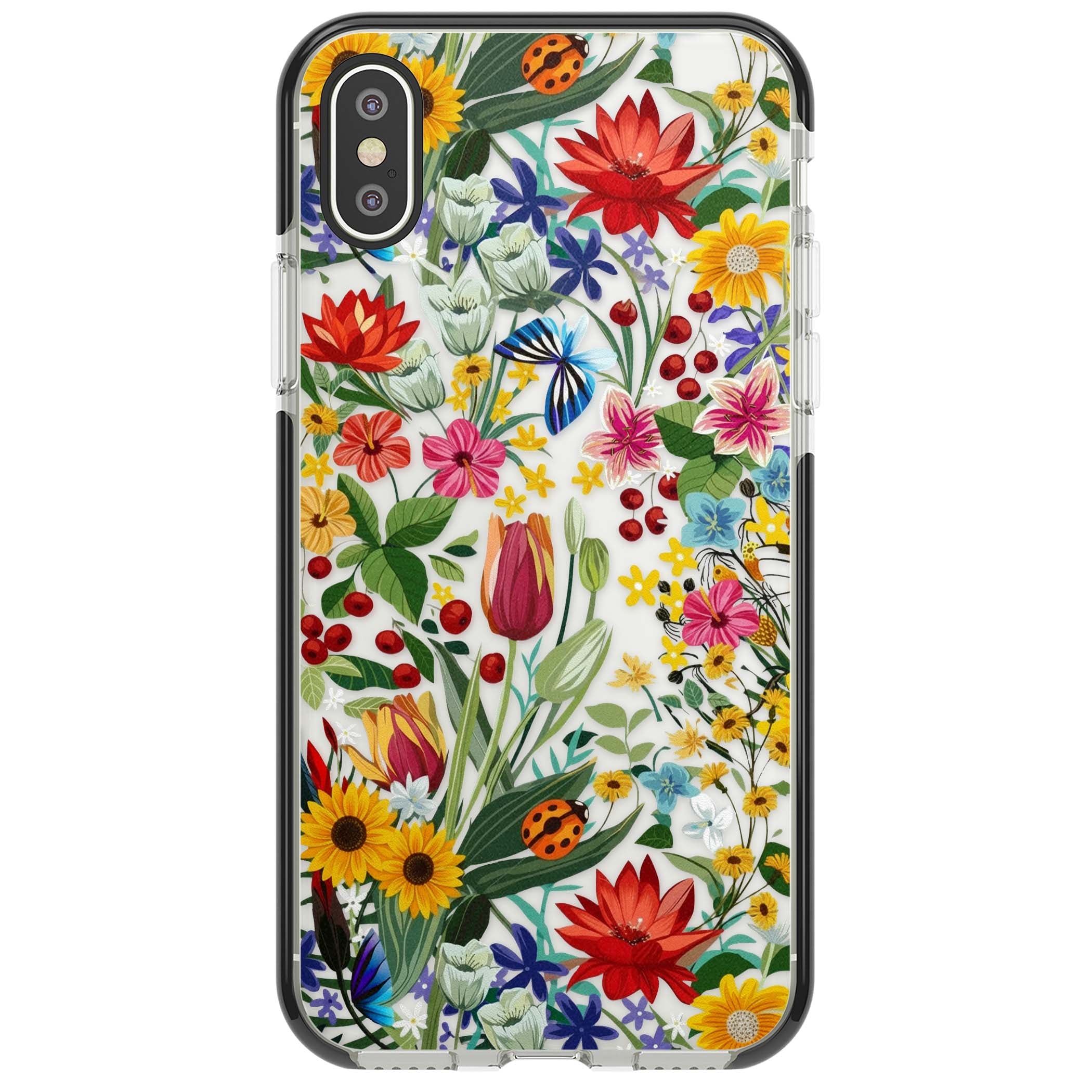 Botanical Bloom cottagecore iPhone case featuring colorful wildflowers, sunflowers, and ladybugs on clear background | Black Impact case for iPhone X, iPhone XS Max, iPhone XR