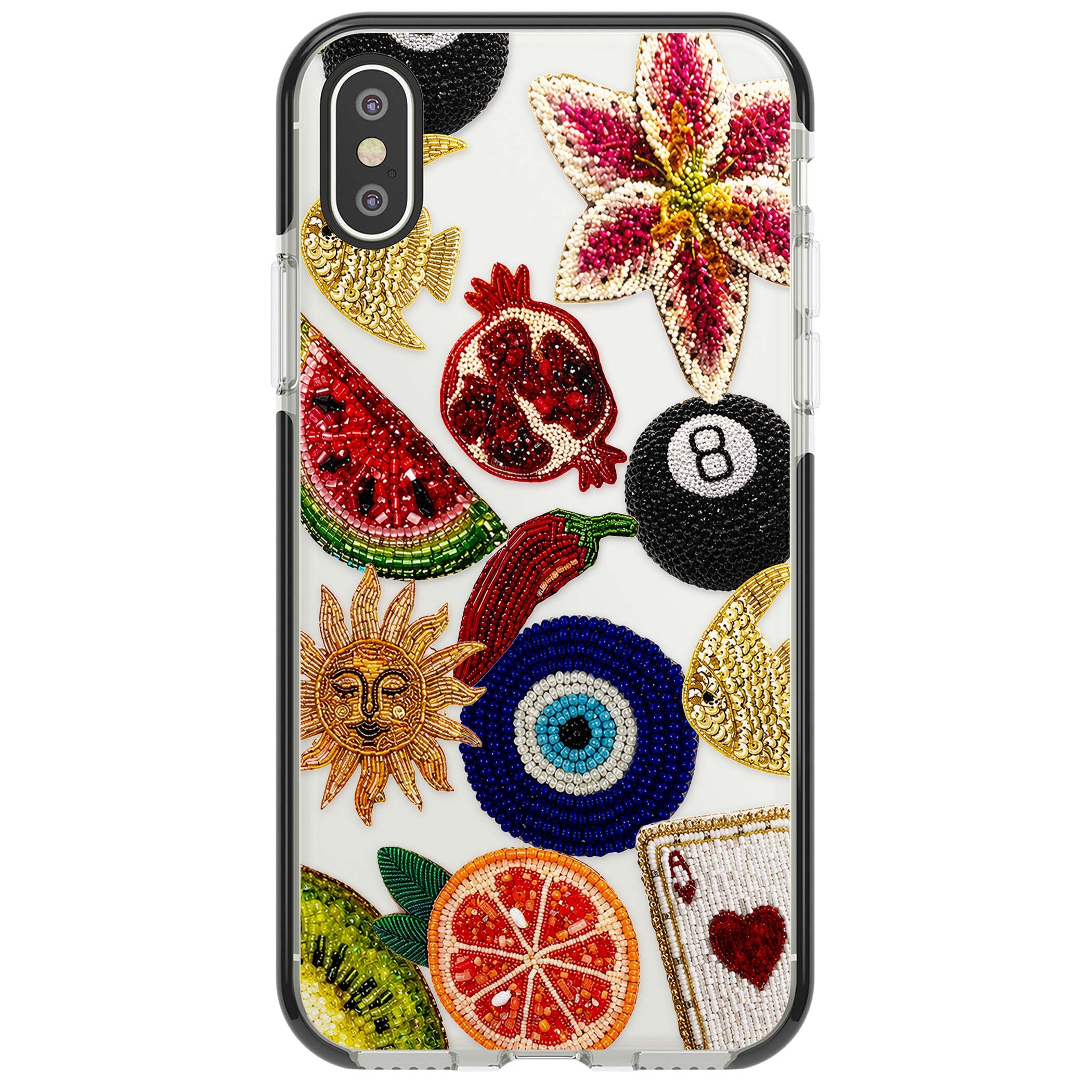 Beaded Charms embroidery iPhone case featuring beaded evil eye, fruit patches and a golden sun motif | Black Impact case for iPhone X, iPhone XS Max, iPhone XR