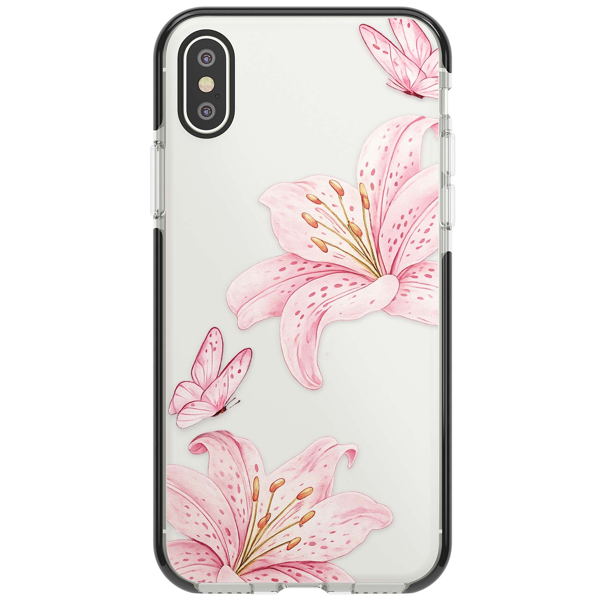 Lily Whisper floral iPhone case featuring pink watercolour lilies and delicate butterflies on a clear background | Black Impact case for iPhone X, iPhone XS Max, iPhone XR