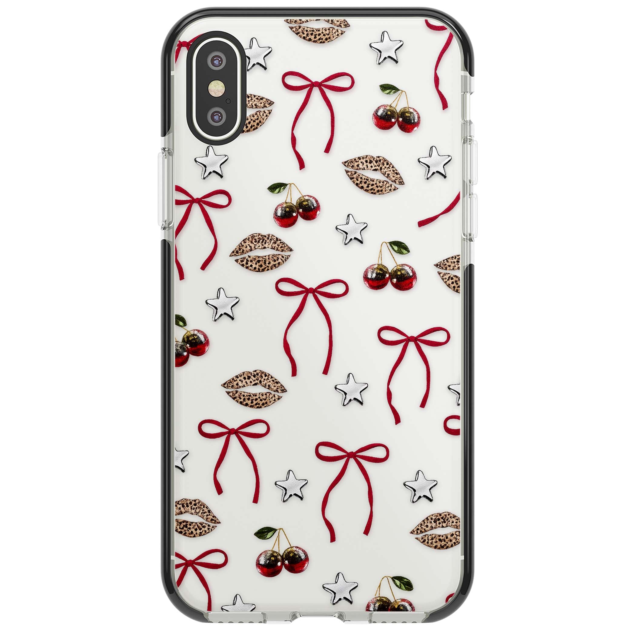 Starlet coquette iPhone case featuring red ribbon bows, disco cherries and leopard-print lips | Black Impact case for iPhone X, iPhone XS Max, iPhone XR