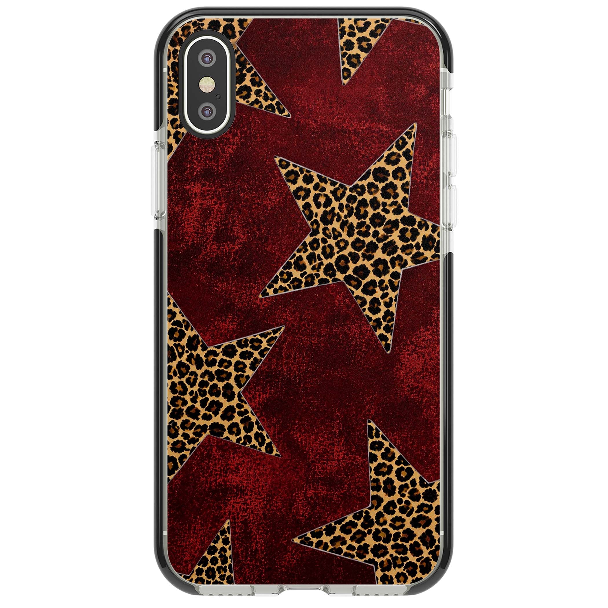 Showgirl leopard print iPhone case featuring cheetah print stars on distressed red grunge background | Black Impact case for iPhone X, iPhone XS Max, iPhone XR