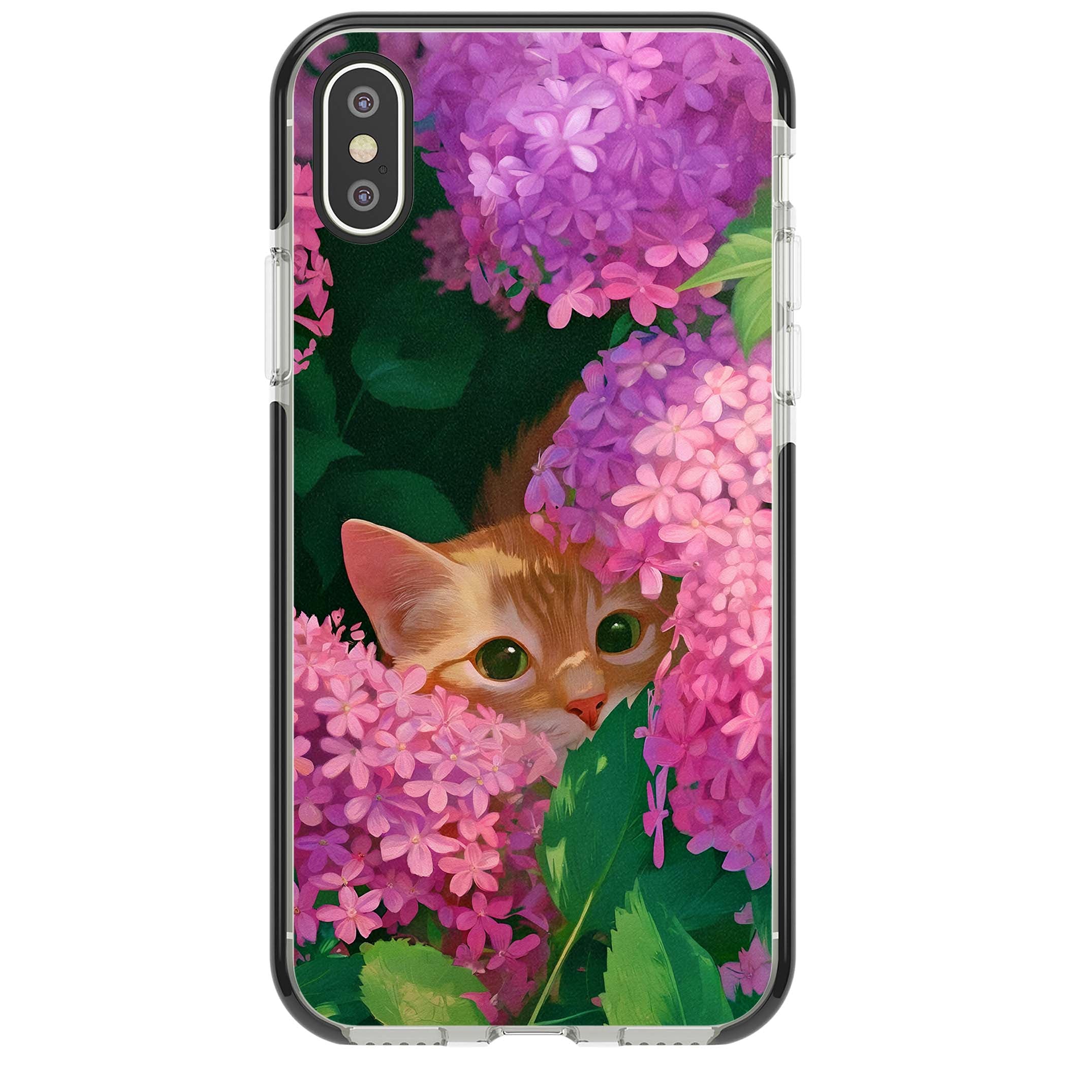 Cat In Pink Flowers cottagecore iPhone case featuring a ginger kitten peeking through lilac and pink hydrangea flo | Black Impact case for iPhone X, iPhone XS Max, iPhone XR
