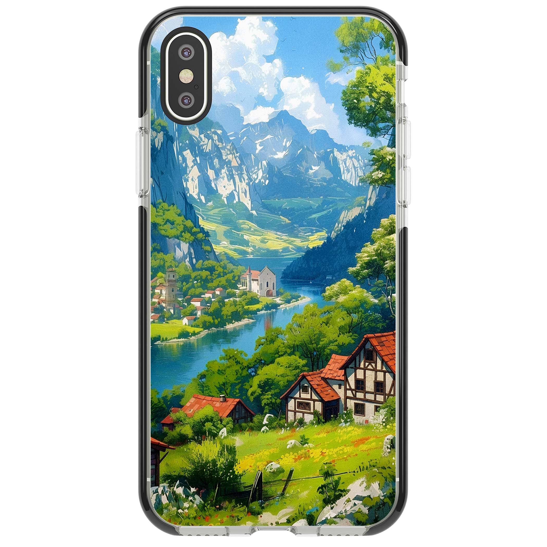 Village In The Valley anime iPhone case featuring a painted mountain village, river valley and half-timbered cottages. | Black Impact case for iPhone X, iPhone XS Max, iPhone XR