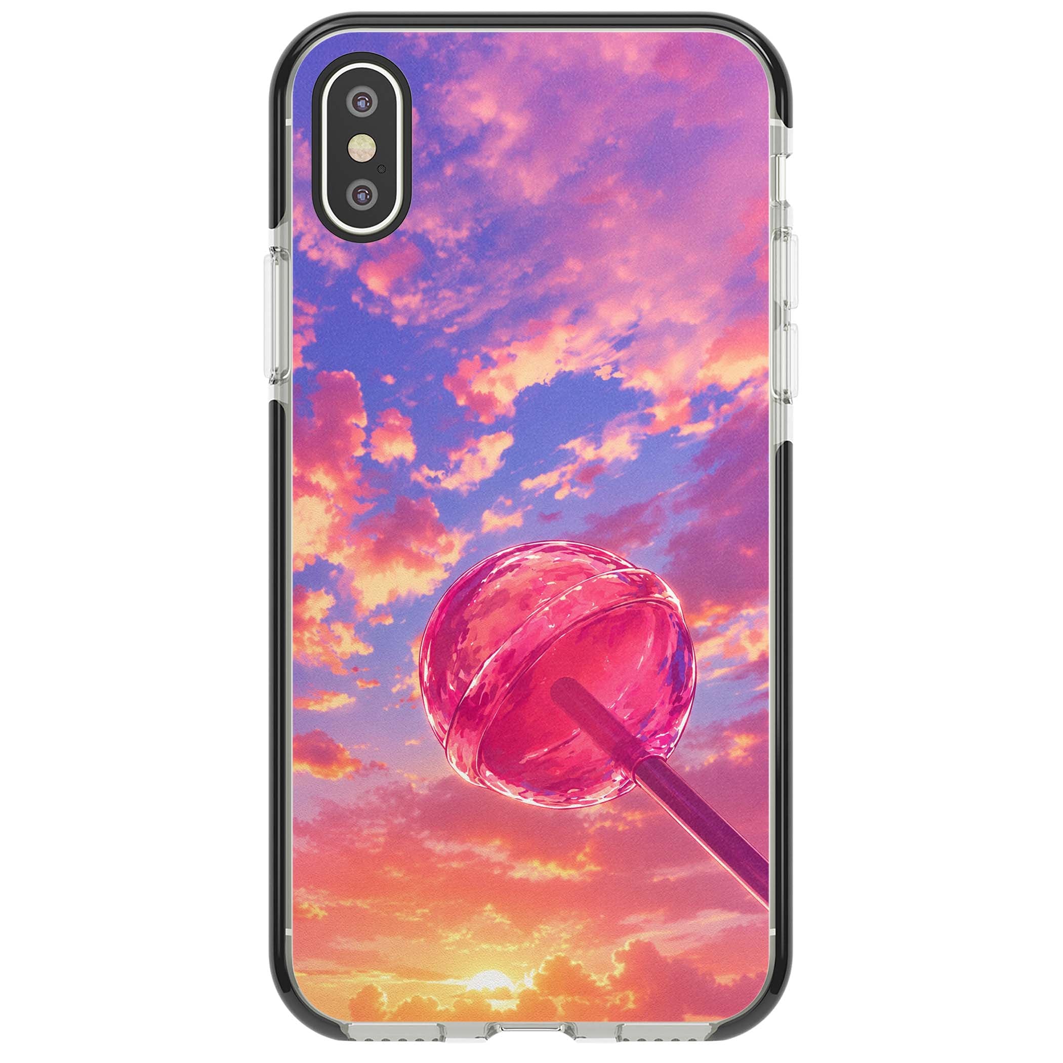 Sugar Sunset candy aesthetic iPhone case featuring a pink lollipop, pastel sunset sky and dreamy clouds | Black Impact case for iPhone X, iPhone XS Max, iPhone XR