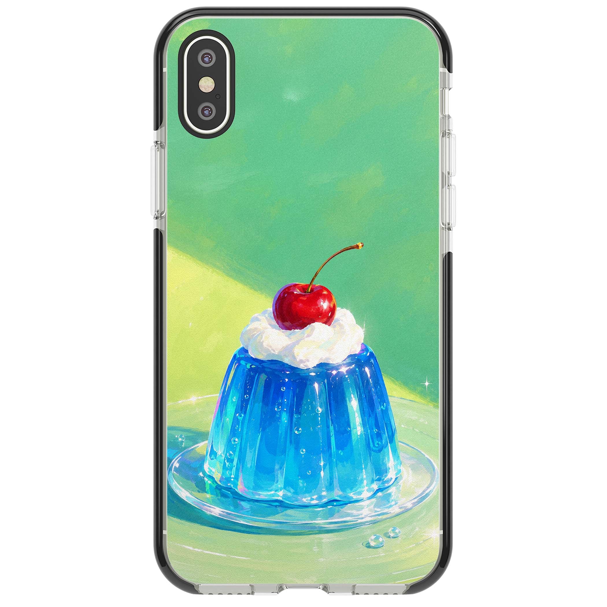 Cherry Jelly kawaii dessert iPhone case featuring blue jelly pudding, whipped cream and a red cherry | Black Impact case for iPhone X, iPhone XS Max, iPhone XR