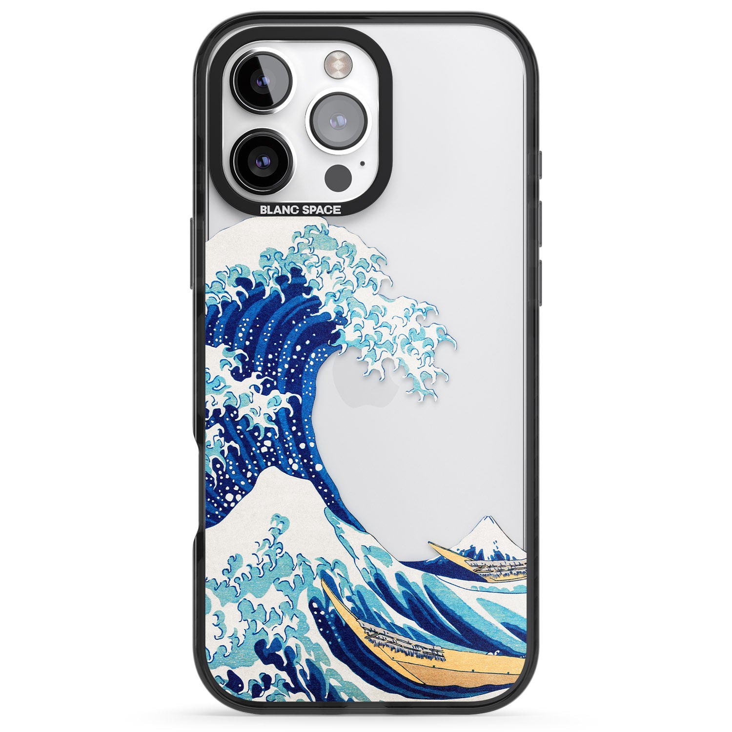 A phone case featuring the Great Wave of Kanagawa artwork with a clear background and a black border around the phone ports.