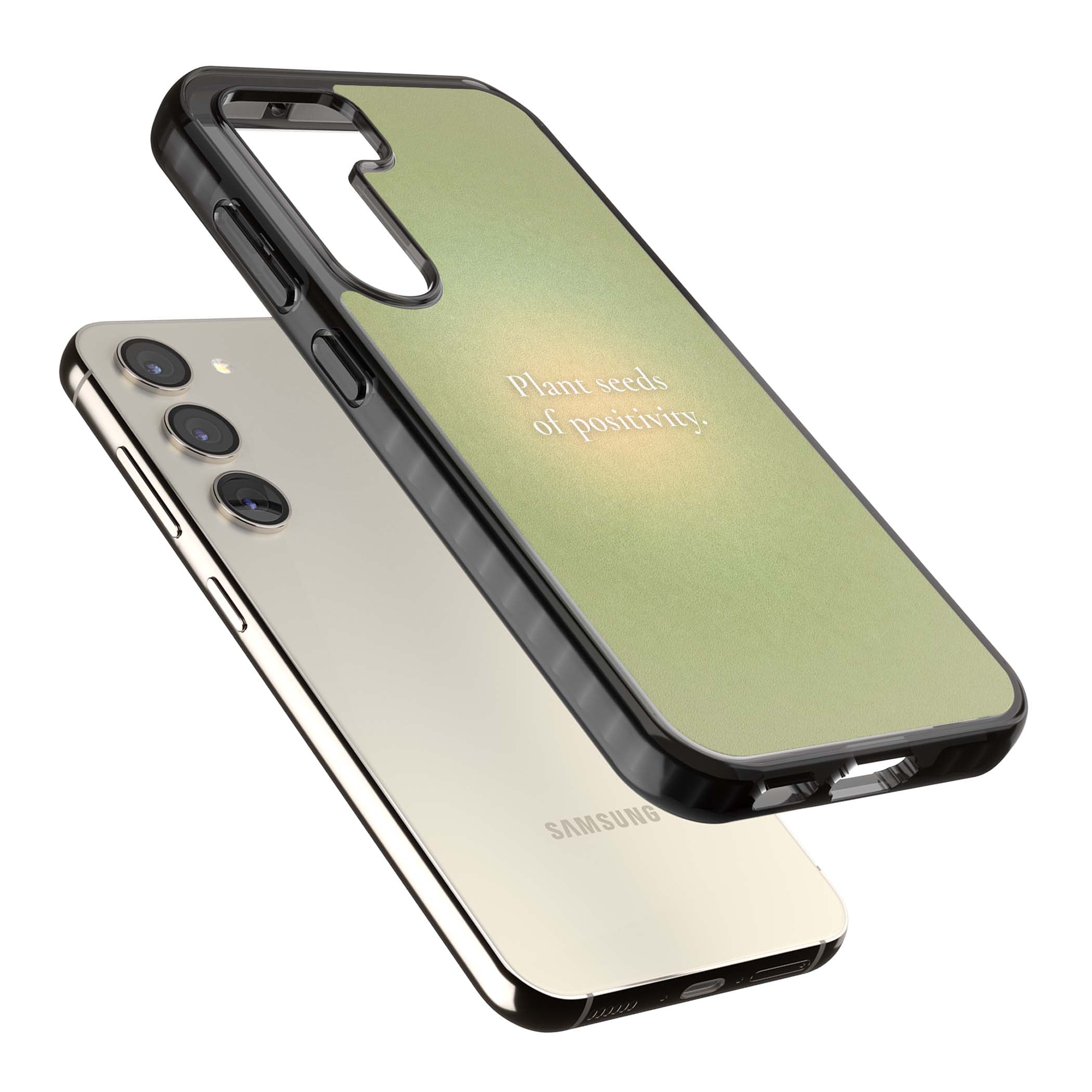 Seeds of Positivity quote iPhone case featuring a sage green aura gradient and golden glow affirmation | Black Impact case for Samsung Galaxy S24, Samsung Galaxy S23, Samsung Galaxy S22