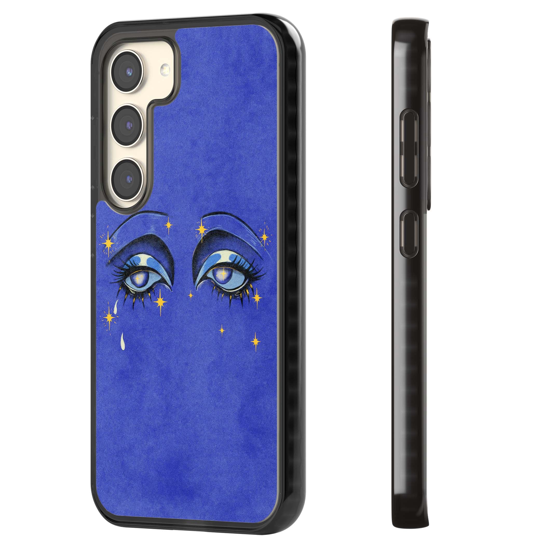 Blue Mystic Eyes celestial iPhone case featuring hand drawn blue mystical eyes, golden stars and a painted tear on indigo | Black Impact case for Samsung Galaxy S24, Samsung Galaxy S23, Samsung Galaxy S22