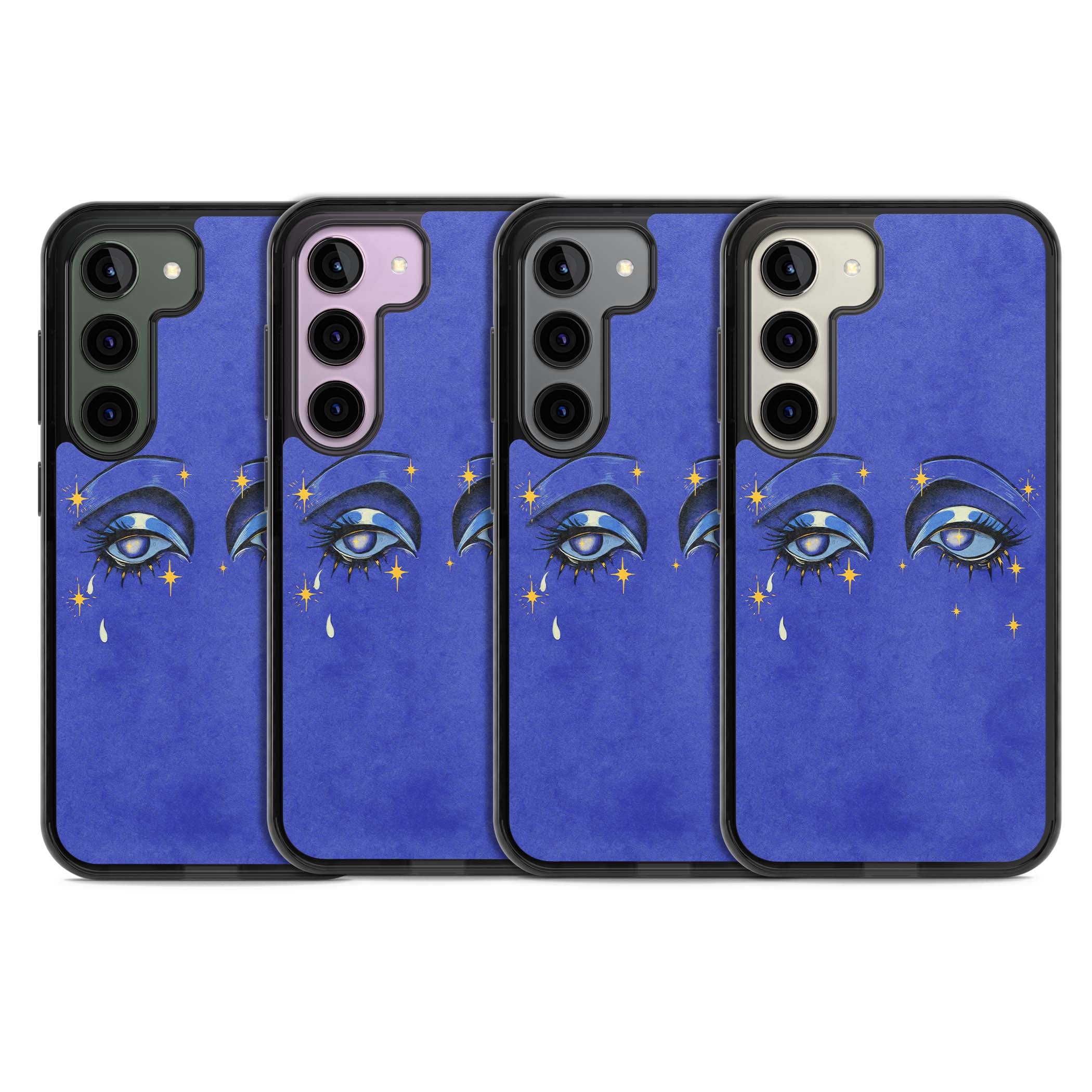 Blue Mystic Eyes celestial iPhone case featuring hand drawn blue mystical eyes, golden stars and a painted tear on indigo | Black Impact case for Samsung Galaxy S24, Samsung Galaxy S23, Samsung Galaxy S22