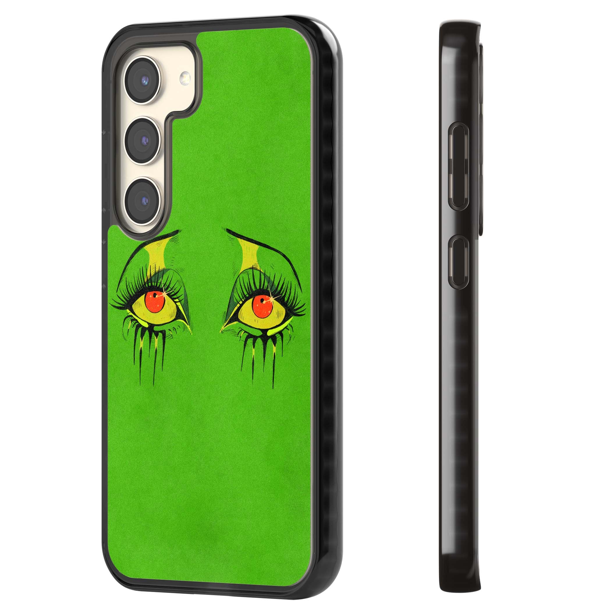 Green Enchanted Eyes psychedelic art iPhone case featuring hand-drawn dripping eyes on neon green background | Black Impact case for Samsung Galaxy S24, Samsung Galaxy S23, Samsung Galaxy S22