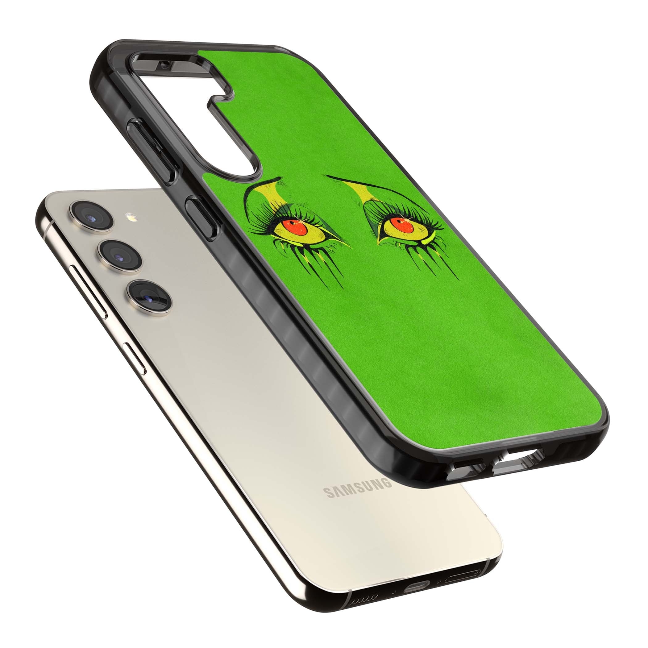 Green Enchanted Eyes psychedelic art iPhone case featuring hand-drawn dripping eyes on neon green background | Black Impact case for Samsung Galaxy S24, Samsung Galaxy S23, Samsung Galaxy S22
