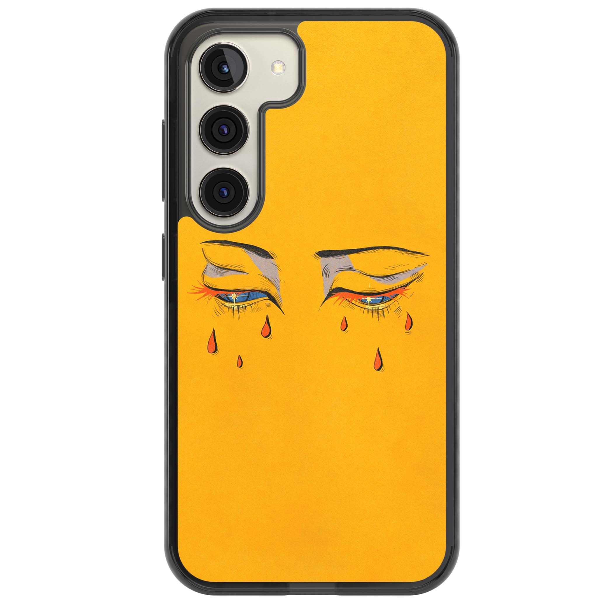 Yellow Tearful Eyes indie iPhone case featuring hand-drawn crying eyes with orange tears on a yellow background | Black Impact case for Samsung Galaxy S24, Samsung Galaxy S23, Samsung Galaxy S22