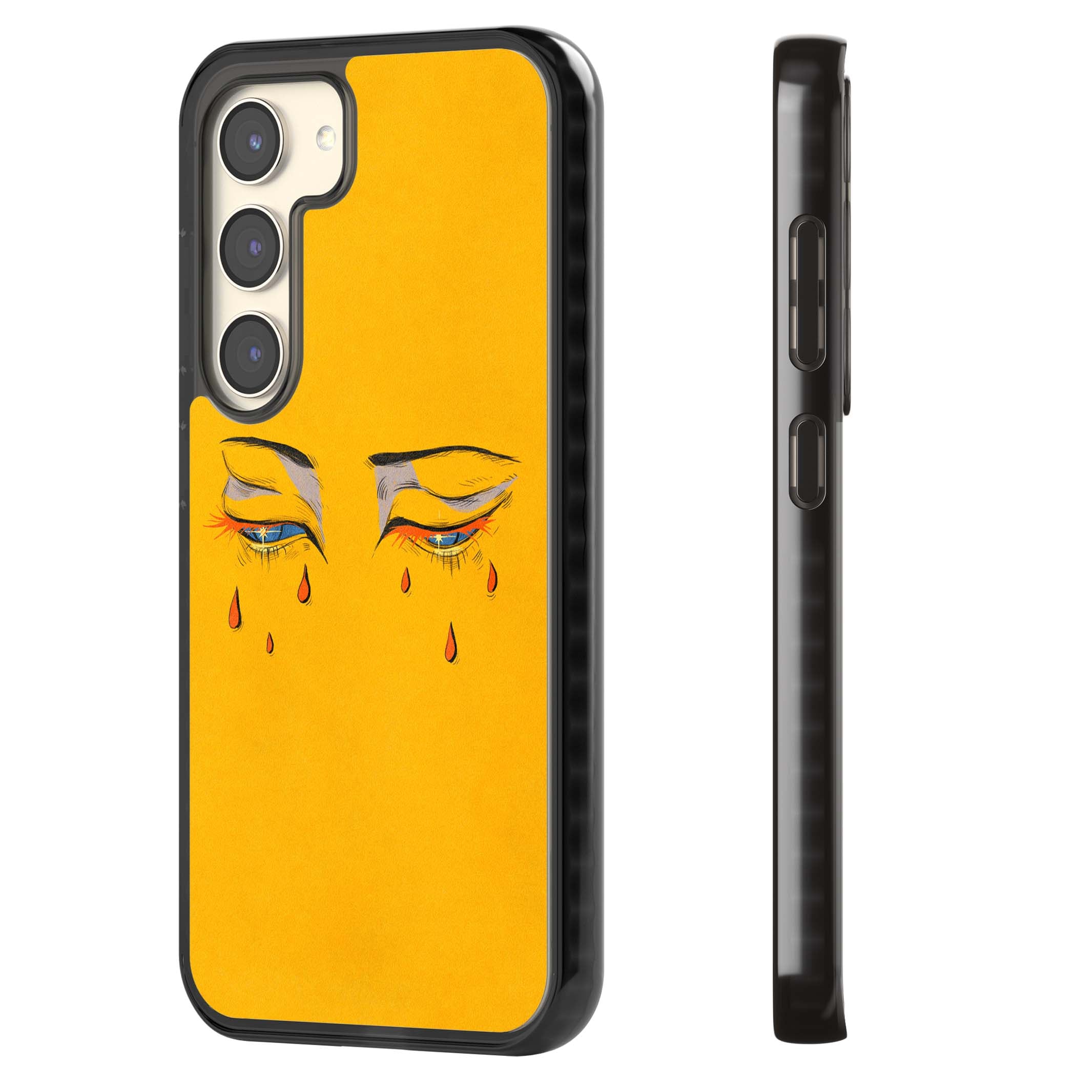 Yellow Tearful Eyes indie iPhone case featuring hand-drawn crying eyes with orange tears on a yellow background | Black Impact case for Samsung Galaxy S24, Samsung Galaxy S23, Samsung Galaxy S22