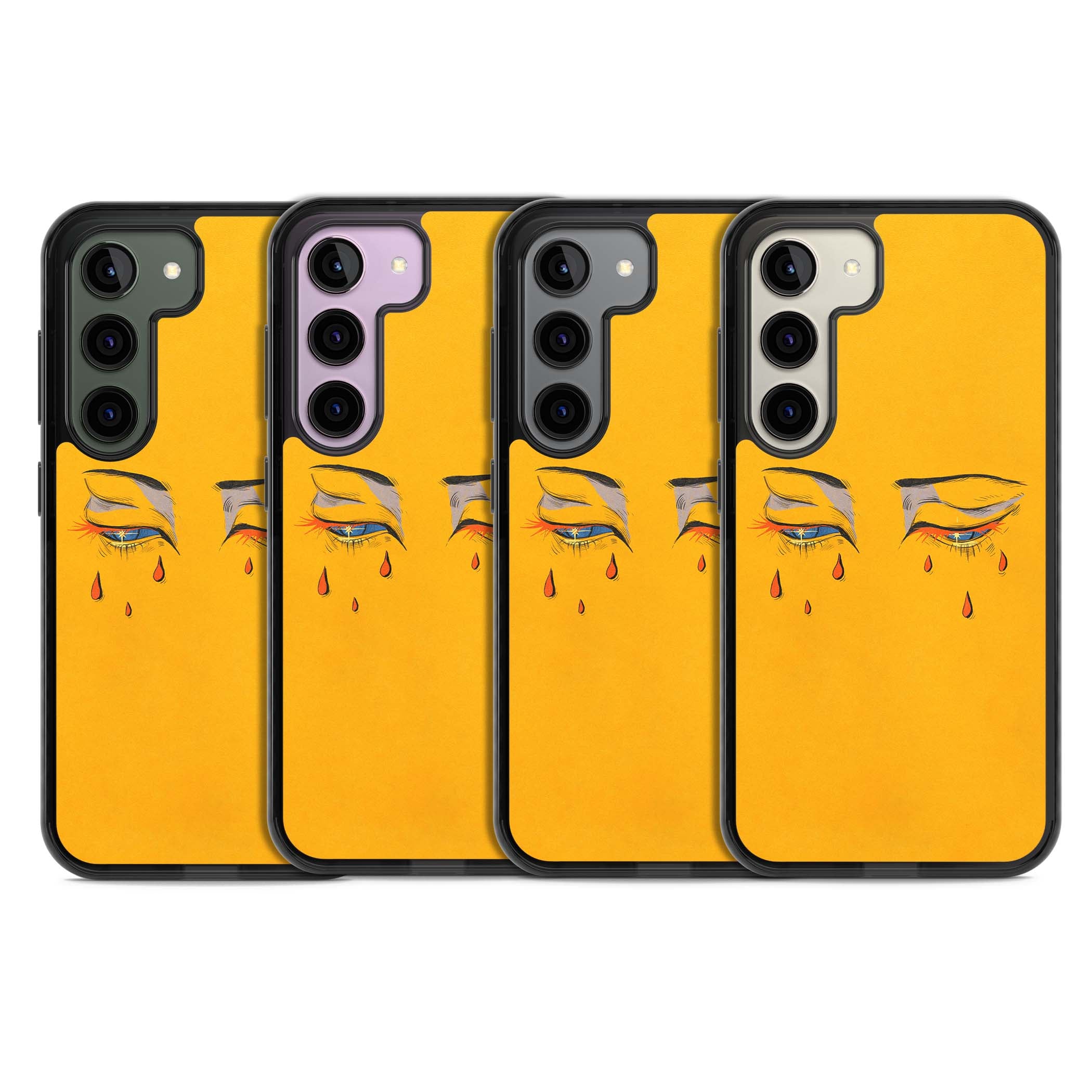 Yellow Tearful Eyes indie iPhone case featuring hand-drawn crying eyes with orange tears on a yellow background | Black Impact case for Samsung Galaxy S24, Samsung Galaxy S23, Samsung Galaxy S22