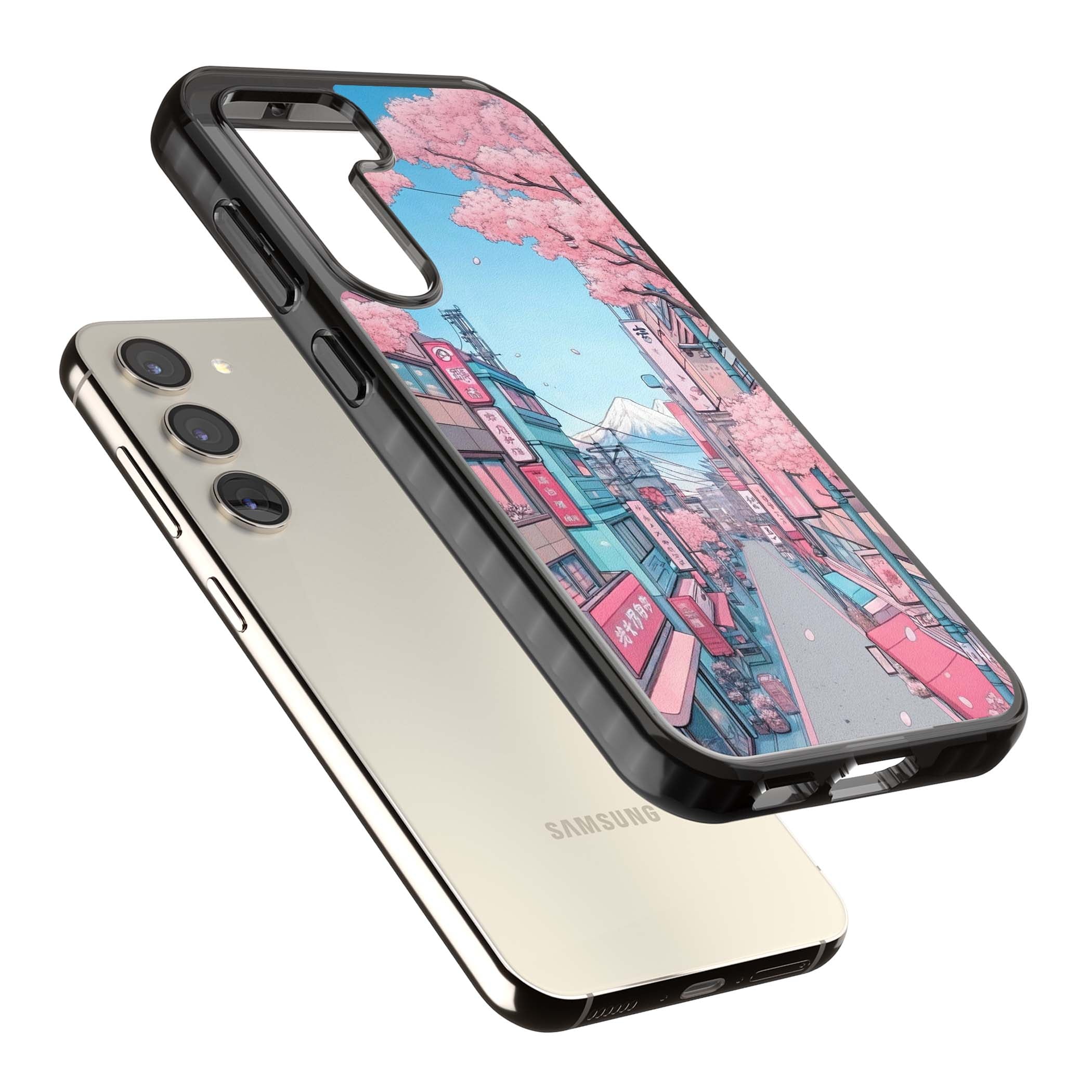 Sakura Lane anime iPhone case featuring Tokyo street scene with cherry blossoms and Mount Fuji | Black Impact case for Samsung Galaxy S24, Samsung Galaxy S23, Samsung Galaxy S22