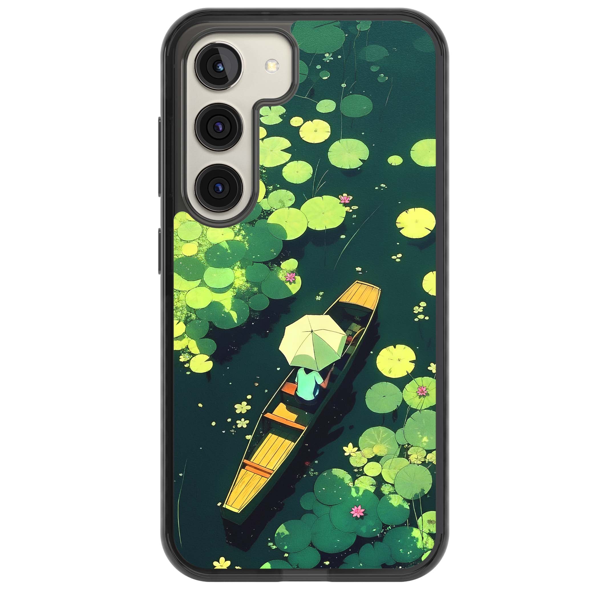 Jade Waters cottagecore iPhone case featuring a painted lily pond, wooden boat with parasol and floating water lilies | Black Impact case for Samsung Galaxy S24, Samsung Galaxy S23, Samsung Galaxy S22