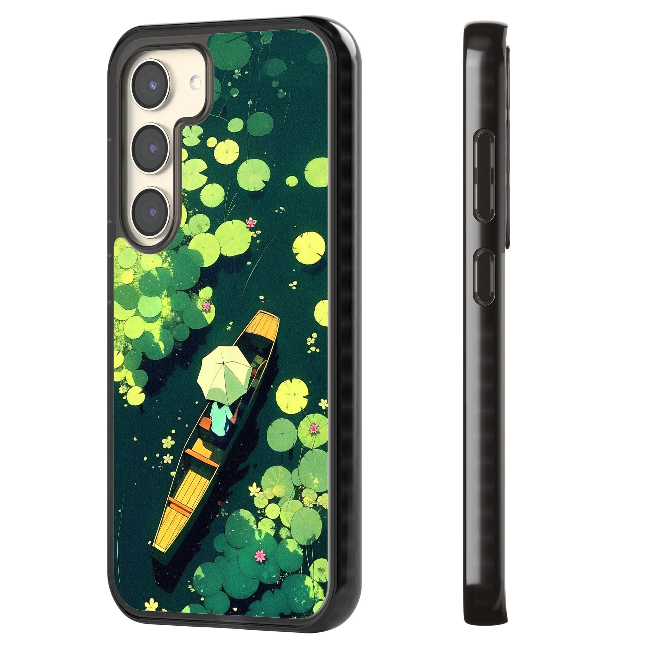 Jade Waters cottagecore iPhone case featuring a painted lily pond, wooden boat with parasol and floating water lilies | Black Impact case for Samsung Galaxy S24, Samsung Galaxy S23, Samsung Galaxy S22