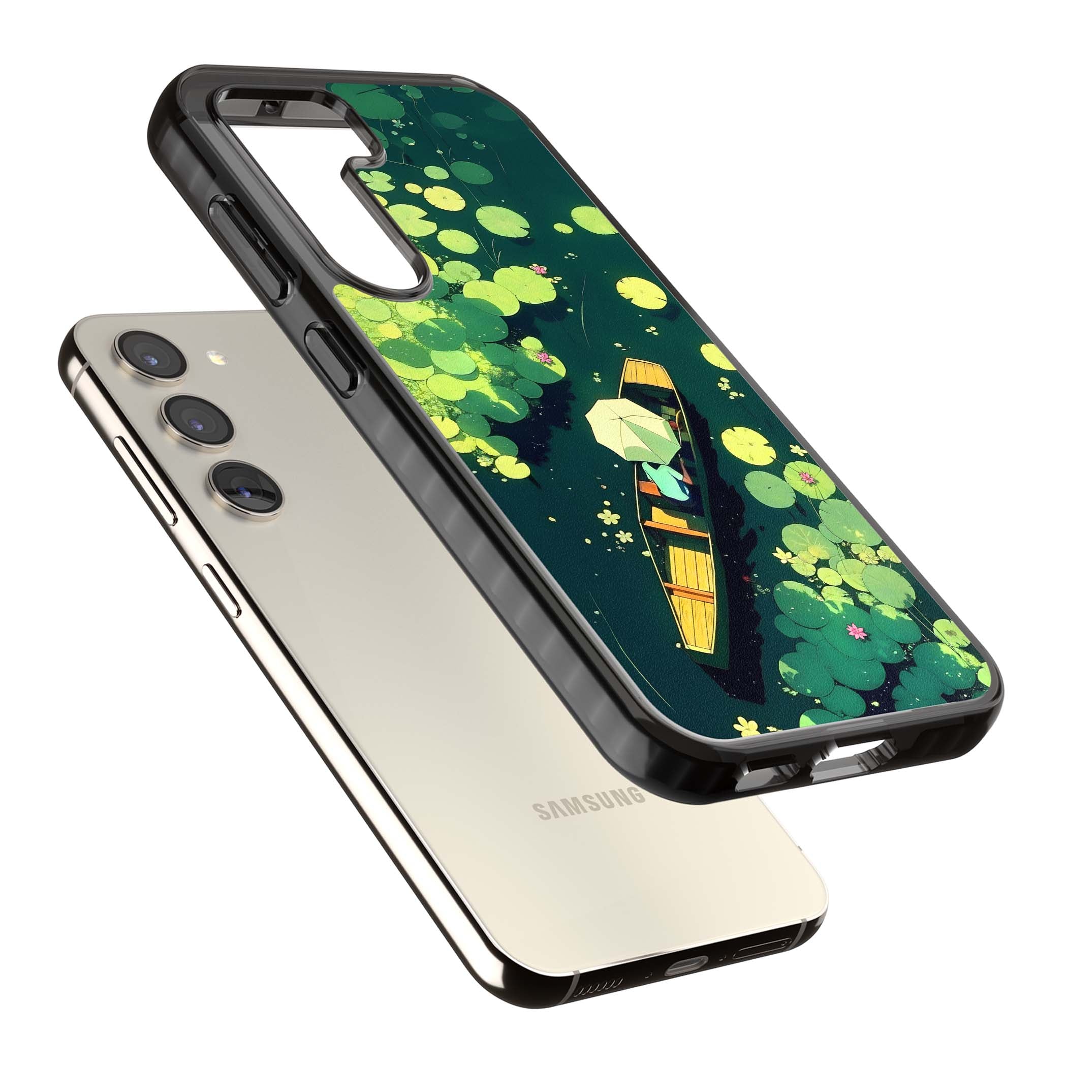 Jade Waters cottagecore iPhone case featuring a painted lily pond, wooden boat with parasol and floating water lilies | Black Impact case for Samsung Galaxy S24, Samsung Galaxy S23, Samsung Galaxy S22