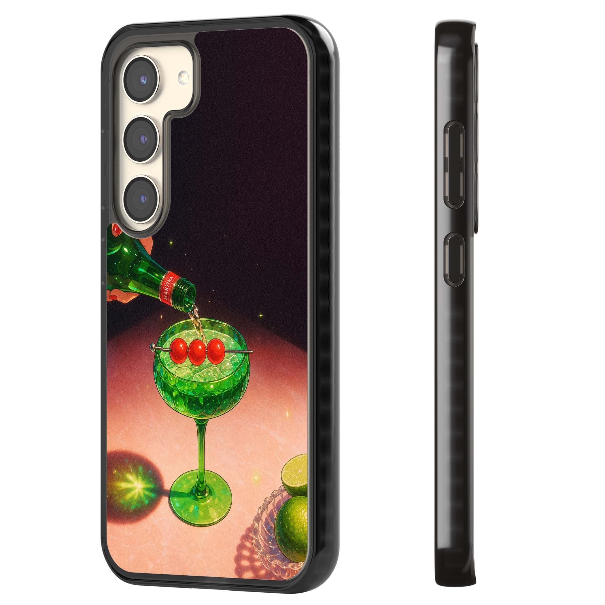 Absinthe Hour cocktail iPhone case featuring a green coupe glass, cherry garnish and vintage bottle pour illustration | Black Impact case for Samsung Galaxy S24, Samsung Galaxy S23, Samsung Galaxy S22