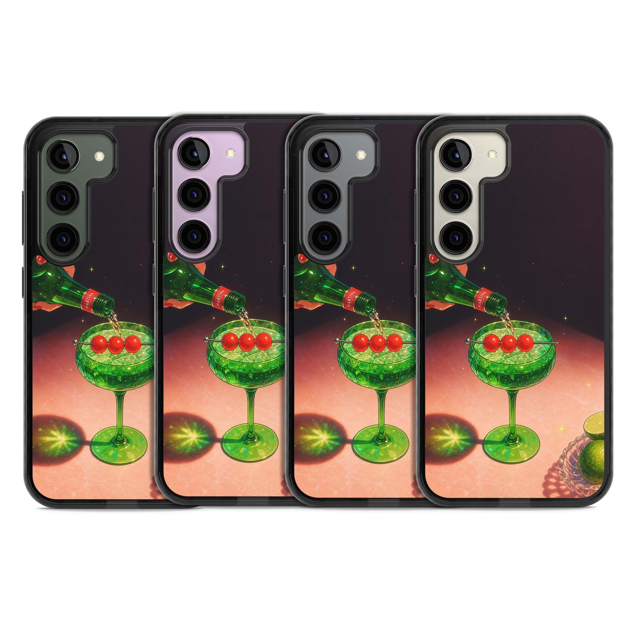 Absinthe Hour cocktail iPhone case featuring a green coupe glass, cherry garnish and vintage bottle pour illustration | Black Impact case for Samsung Galaxy S24, Samsung Galaxy S23, Samsung Galaxy S22