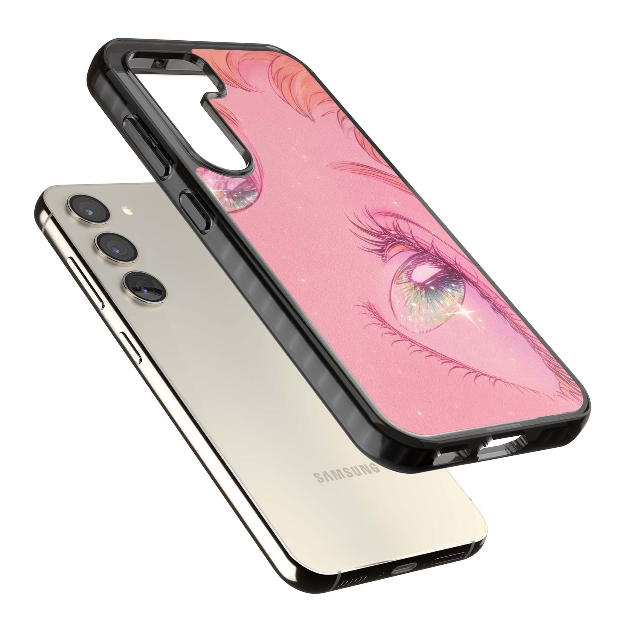 Pink Ethereal Gaze anime iPhone case featuring sparkling manga eyes, coral lashes and dreamy peach sky | Black Impact case for Samsung Galaxy S24, Samsung Galaxy S23, Samsung Galaxy S22