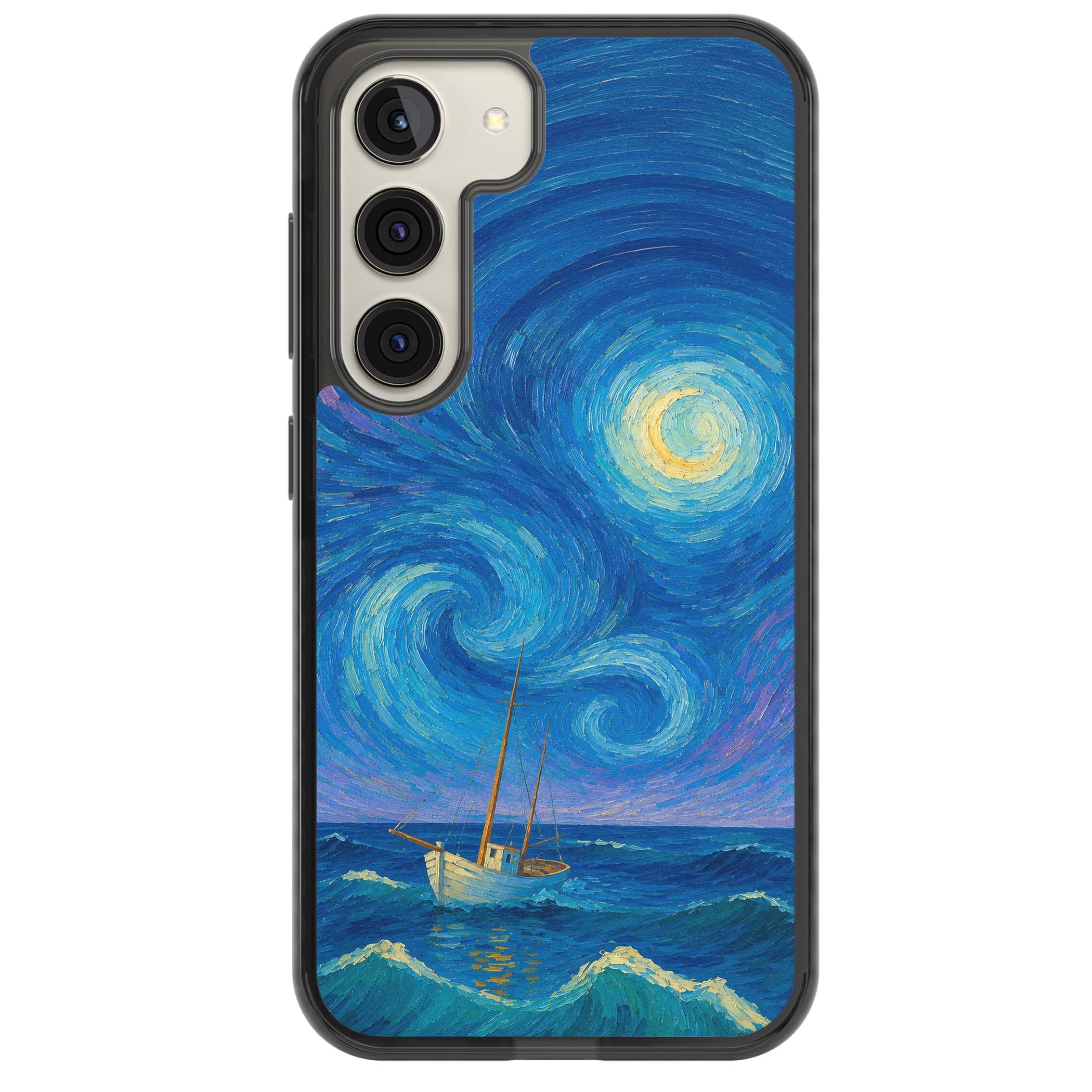 Moonlit Tide Van Gogh art iPhone case featuring swirling starry night sky, glowing moon and lone sailing boat at sea | Black Impact case for Samsung Galaxy S24, Samsung Galaxy S23, Samsung Galaxy S22