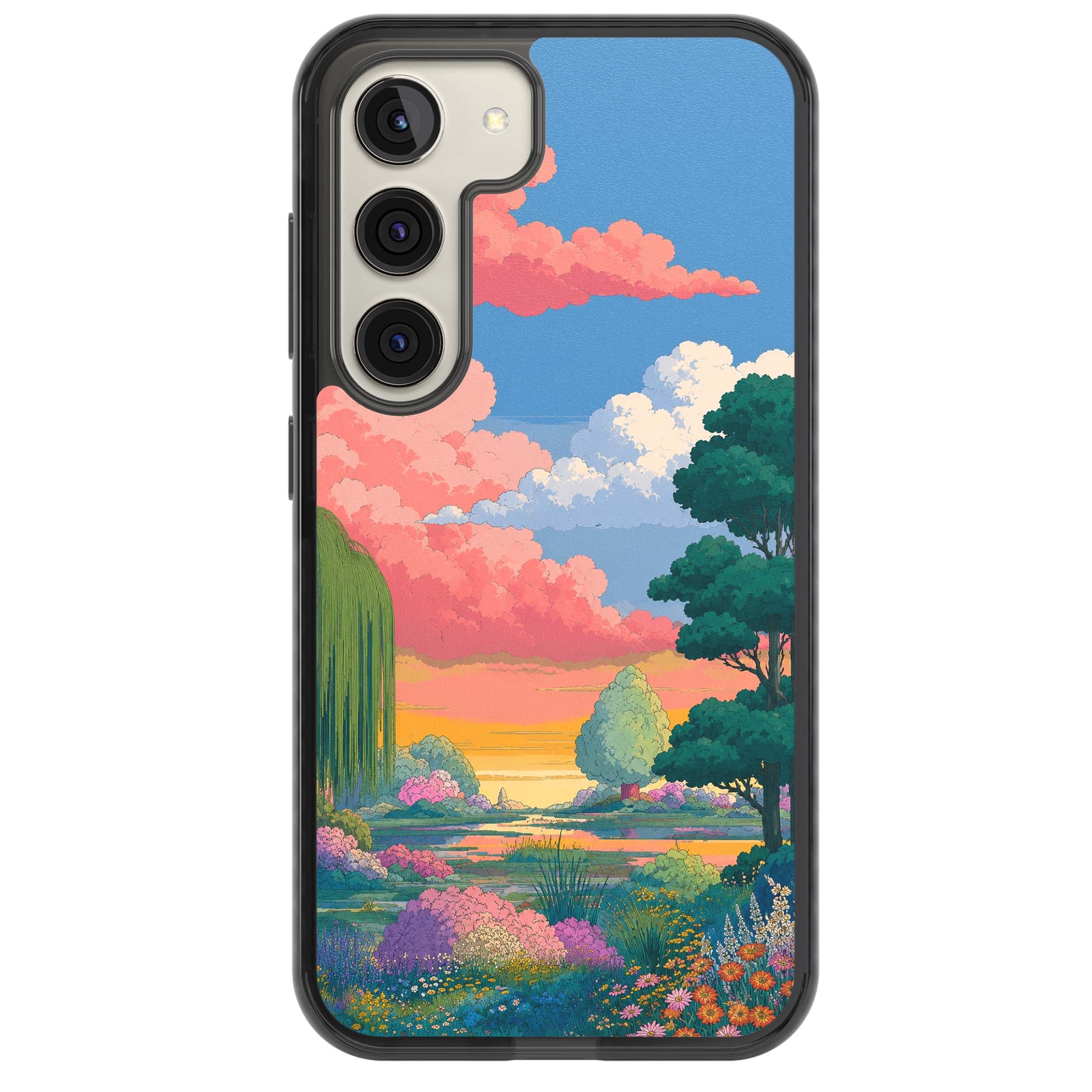 Dream Valley anime landscape iPhone case featuring pink sunset clouds, willow trees and wildflowers | Black Impact case for Samsung Galaxy S24, Samsung Galaxy S23, Samsung Galaxy S22