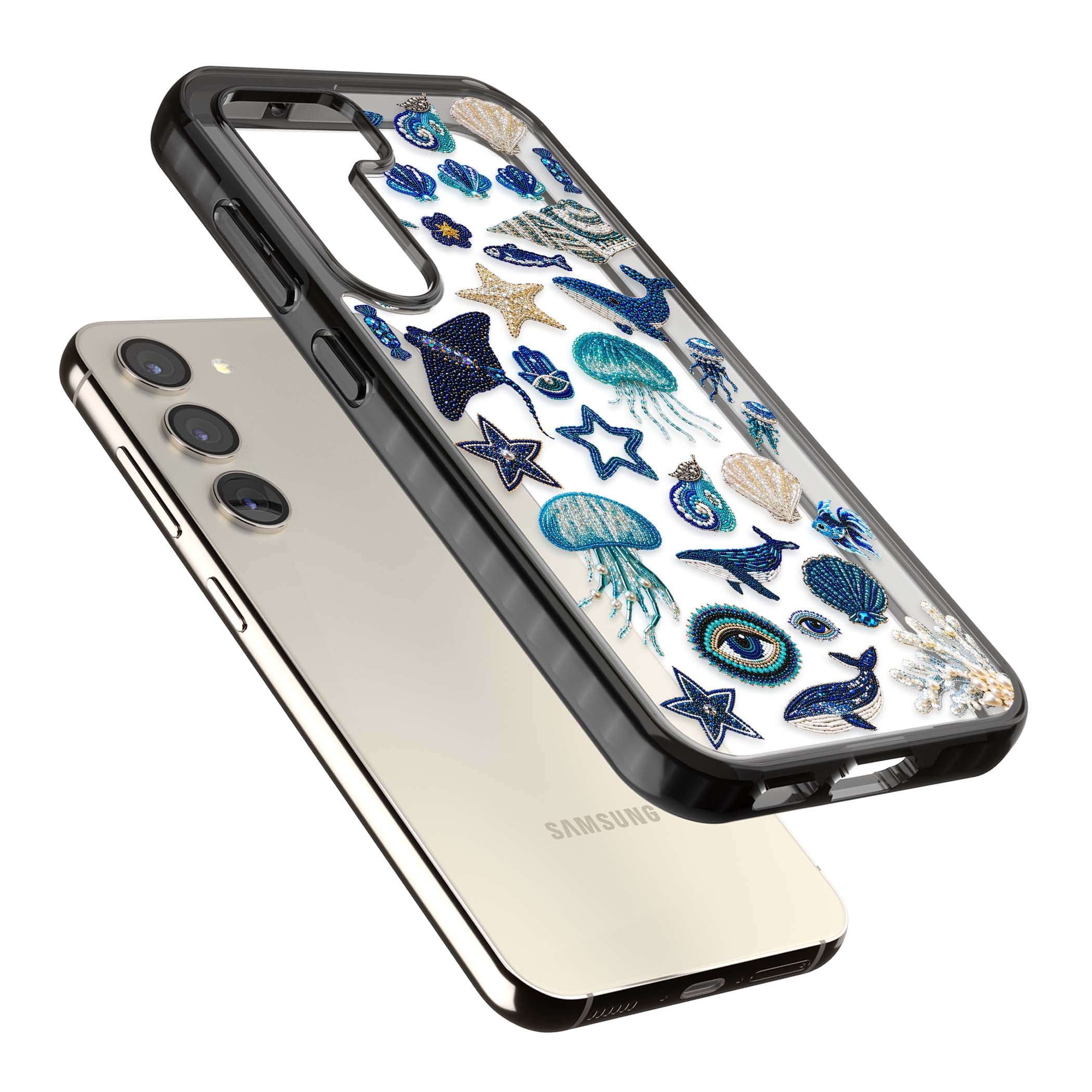 Beaded Coastal coastal iPhone case featuring embroidered seashells, jellyfish and a blue whale on clear | Black Impact case for Samsung Galaxy S24, Samsung Galaxy S23, Samsung Galaxy S22