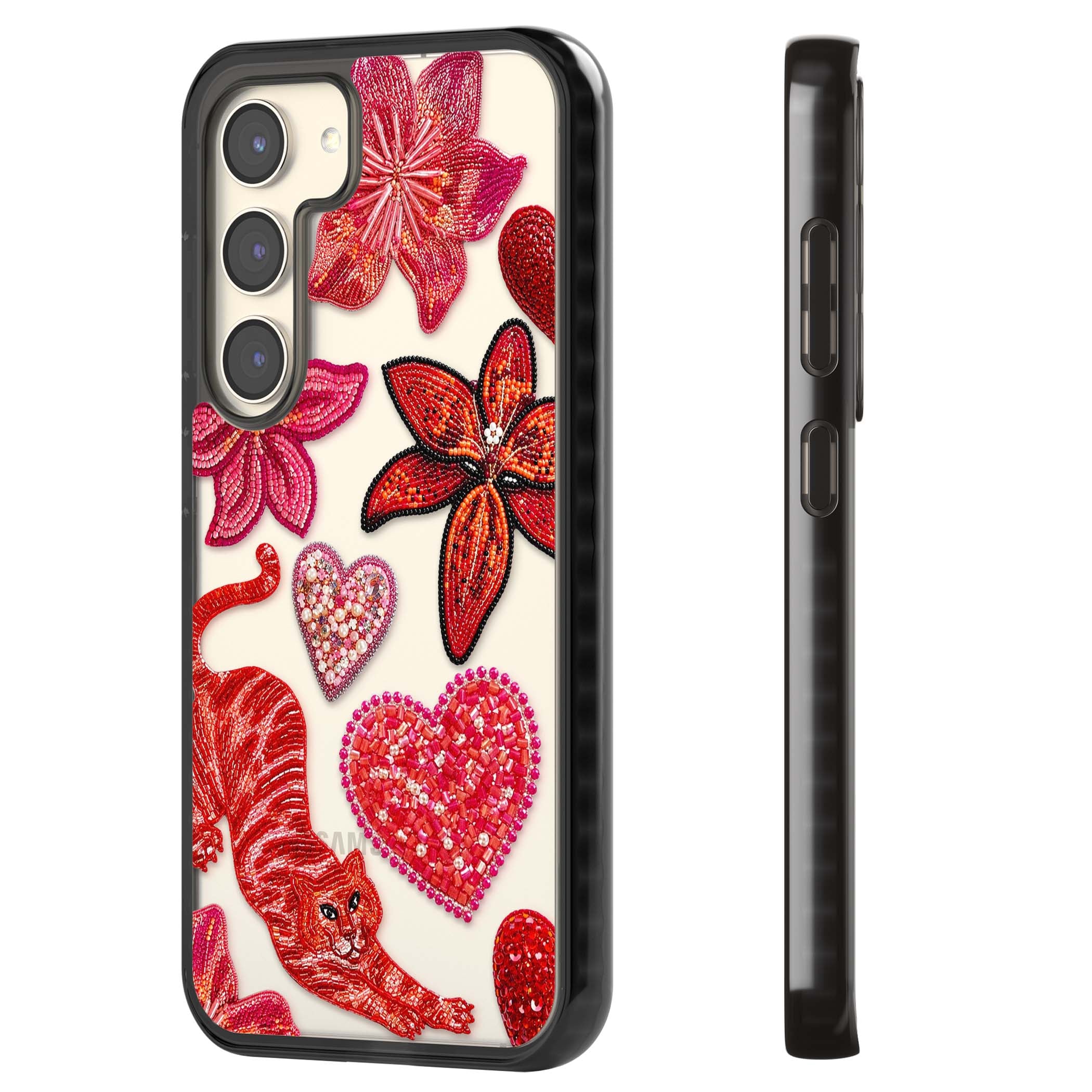 Beaded Boho floral iPhone case featuring beaded red lilies, a stitched tiger, and pearl-encrusted hearts on clear | Black Impact case for Samsung Galaxy S24, Samsung Galaxy S23, Samsung Galaxy S22