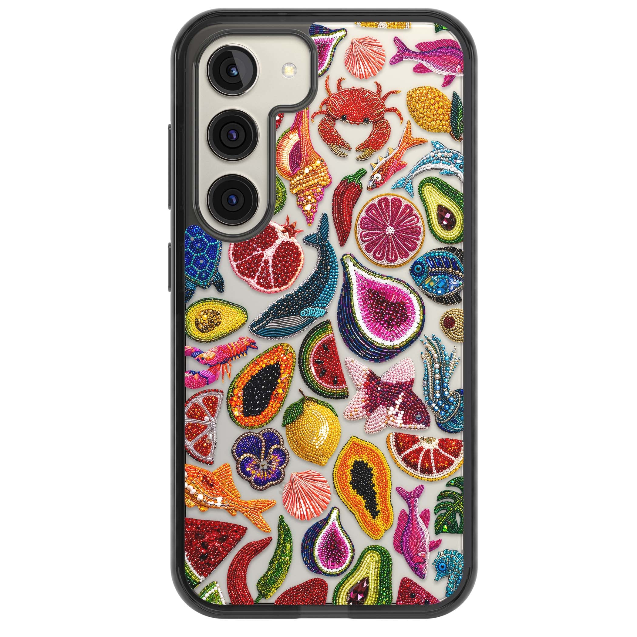 Beaded Tropic tropical iPhone case featuring beaded fruit, fish, crabs and seashells in vibrant colour | Black Impact case for Samsung Galaxy S24, Samsung Galaxy S23, Samsung Galaxy S22