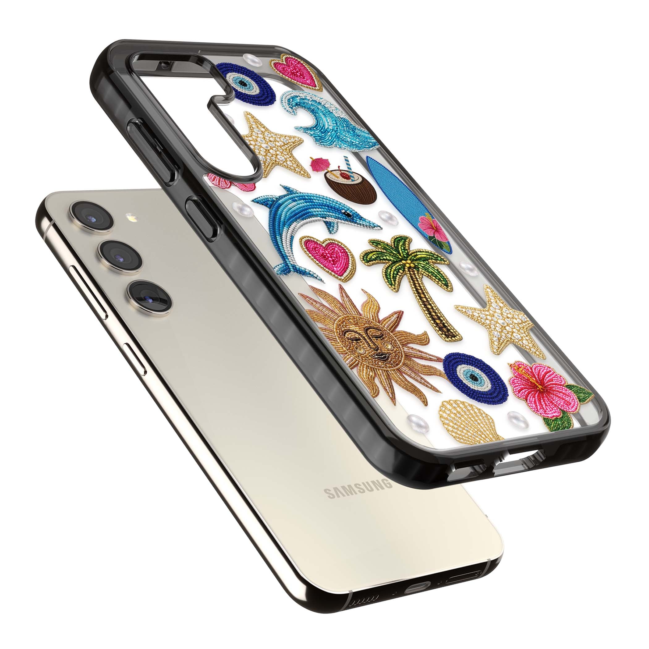 Beaded Beach coastal summer iPhone case featuring embroidered evil eye, hibiscus flowers, dolphin and palm tree patches | Black Impact case for Samsung Galaxy S24, Samsung Galaxy S23, Samsung Galaxy S22