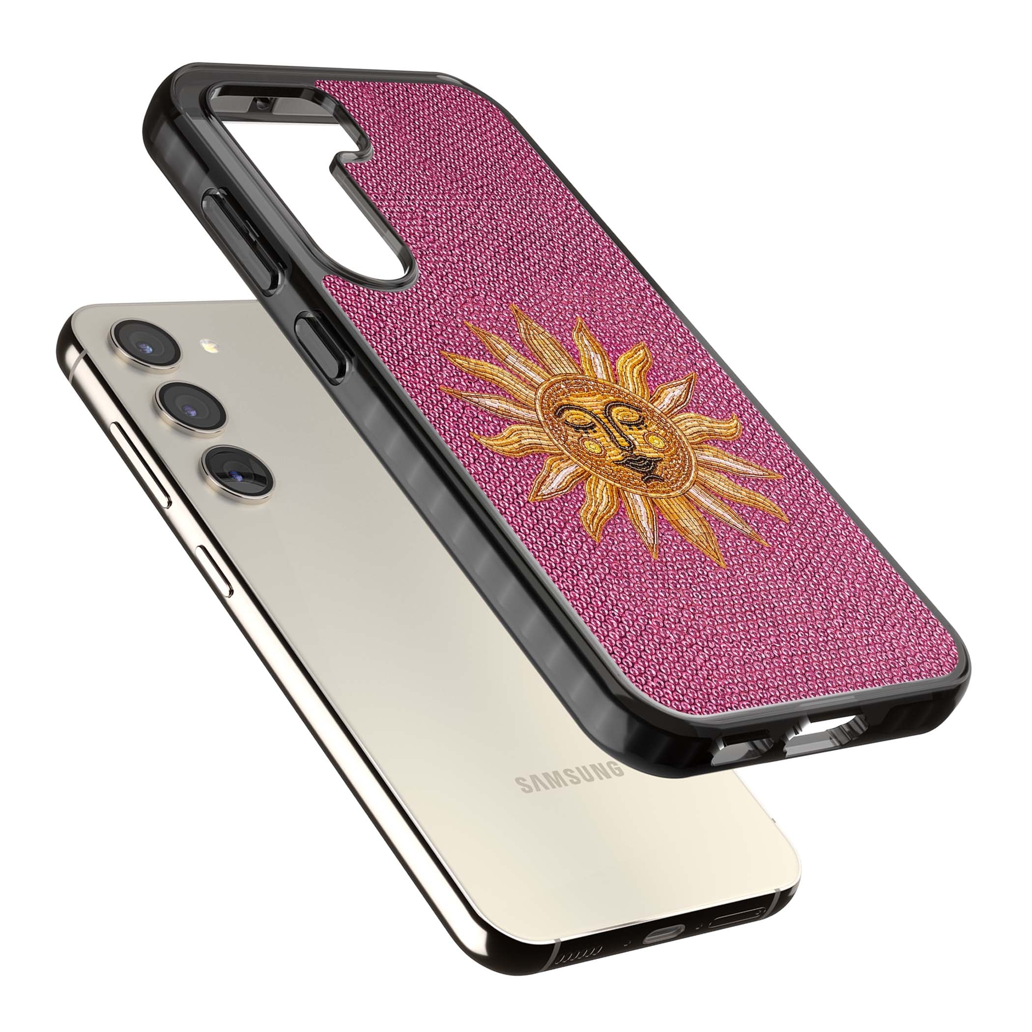 Beaded Sun celestial iPhone case featuring a golden beaded sun face with radiant rays on hot pink beaded background | Black Impact case for Samsung Galaxy S24, Samsung Galaxy S23, Samsung Galaxy S22