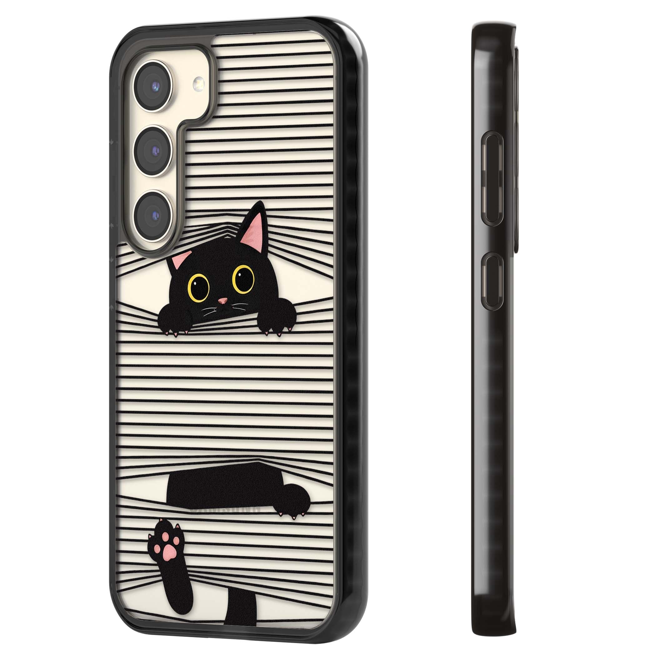 Peek-a-Boo Cat minimal iPhone case featuring black cat peeking through horizontal black and white stripes | Black Impact case for Samsung Galaxy S24, Samsung Galaxy S23, Samsung Galaxy S22