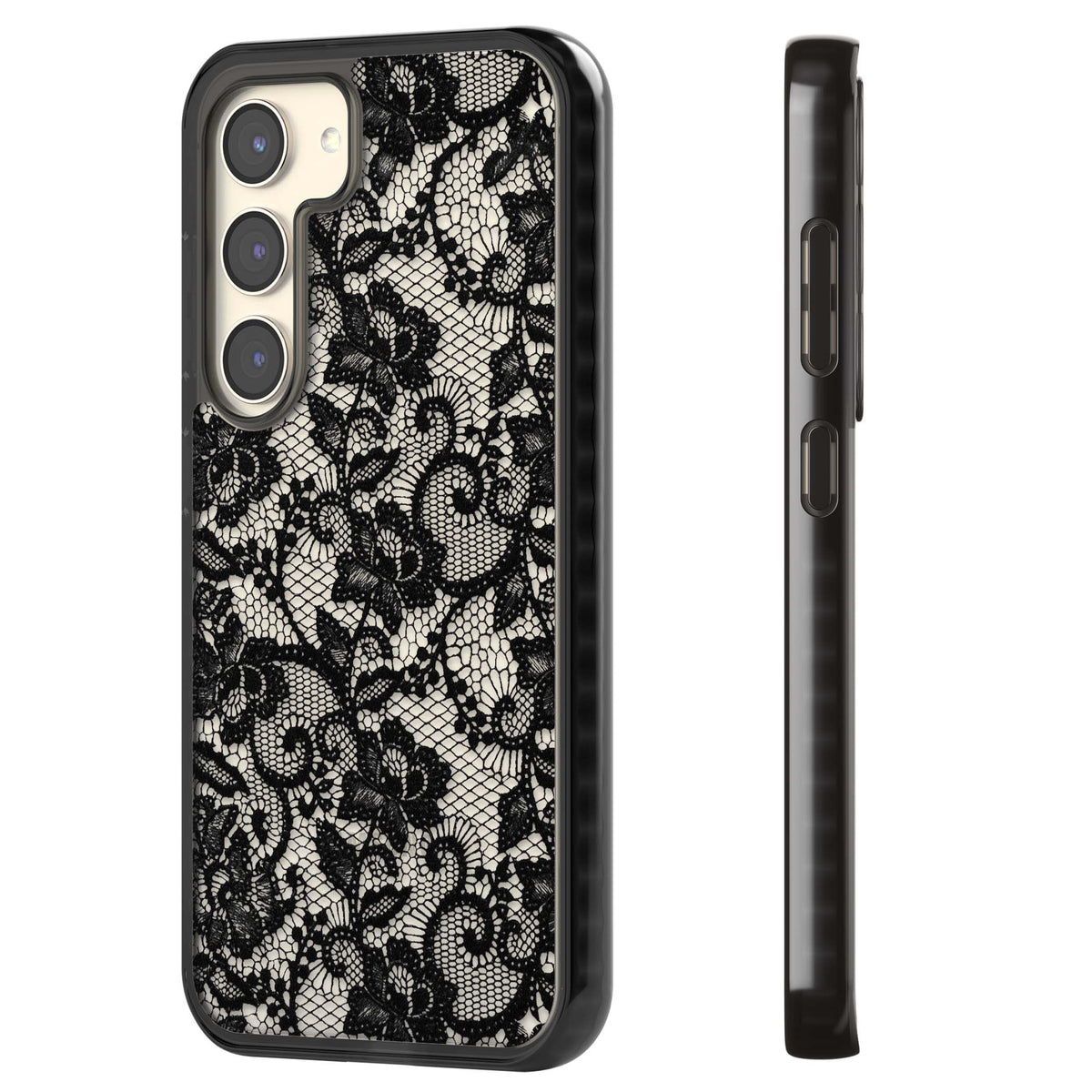 Black Lace gothic iPhone case featuring intricate black floral lace pattern with vintage whimsigoth detail | Black Impact case for Samsung Galaxy S24, Samsung Galaxy S23, Samsung Galaxy S22