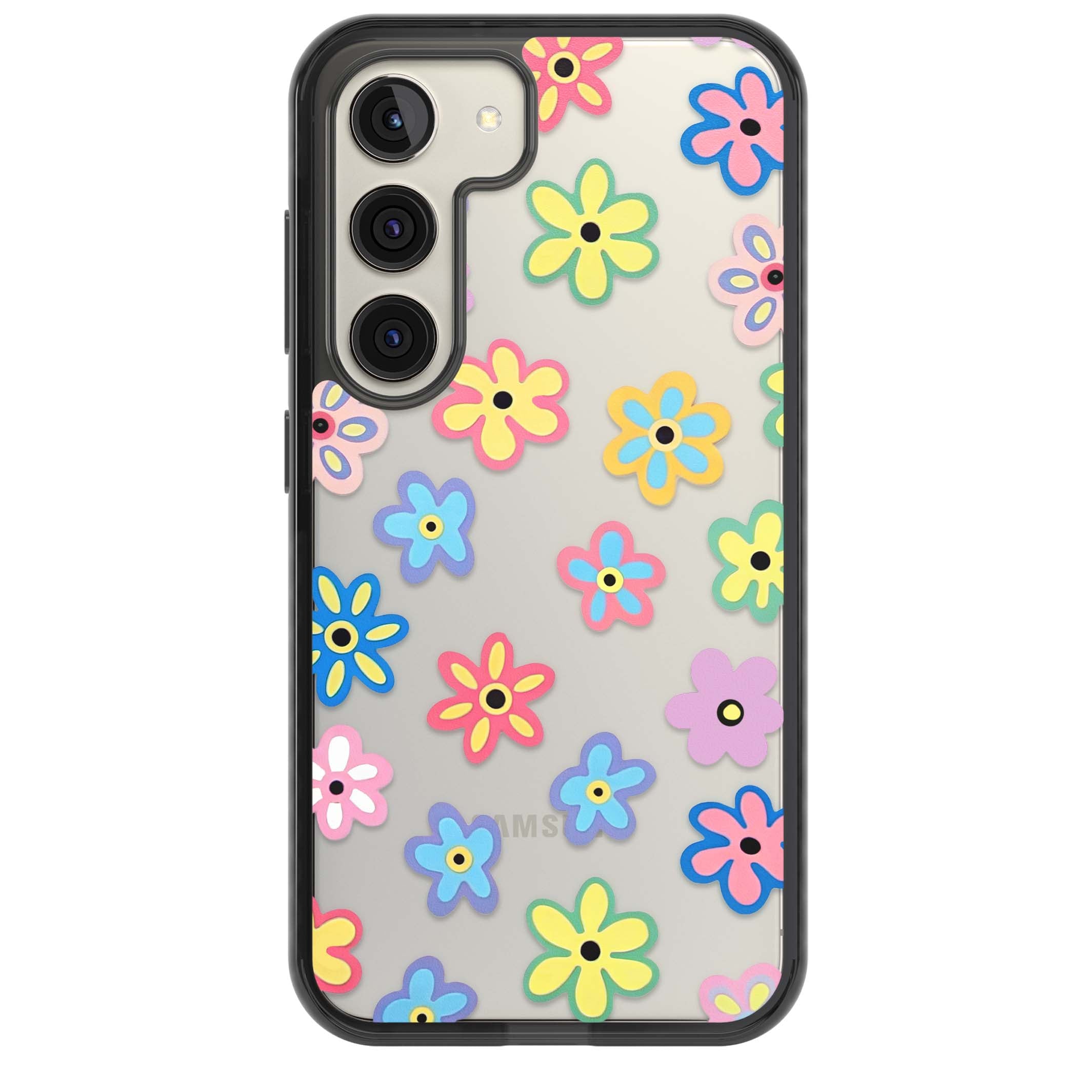 Bloom Pop cottagecore iPhone case featuring multicolor pastel flowers with black centers on clear background | Black Impact case for Samsung Galaxy S24, Samsung Galaxy S23, Samsung Galaxy S22