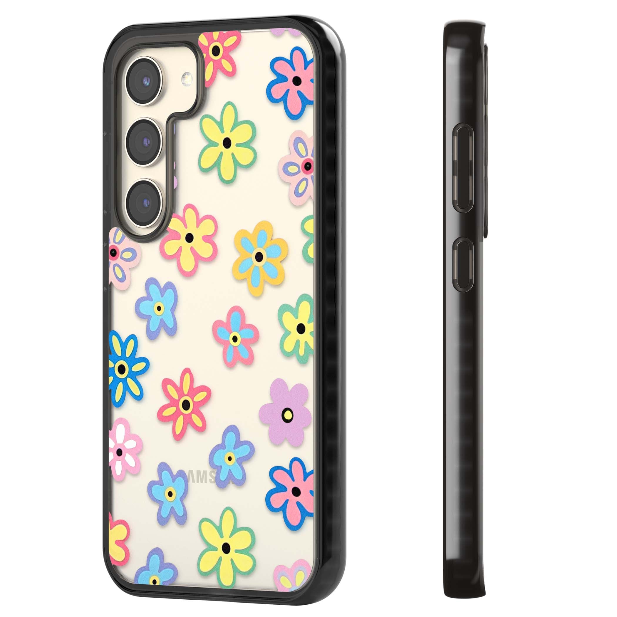 Bloom Pop cottagecore iPhone case featuring multicolor pastel flowers with black centers on clear background | Black Impact case for Samsung Galaxy S24, Samsung Galaxy S23, Samsung Galaxy S22