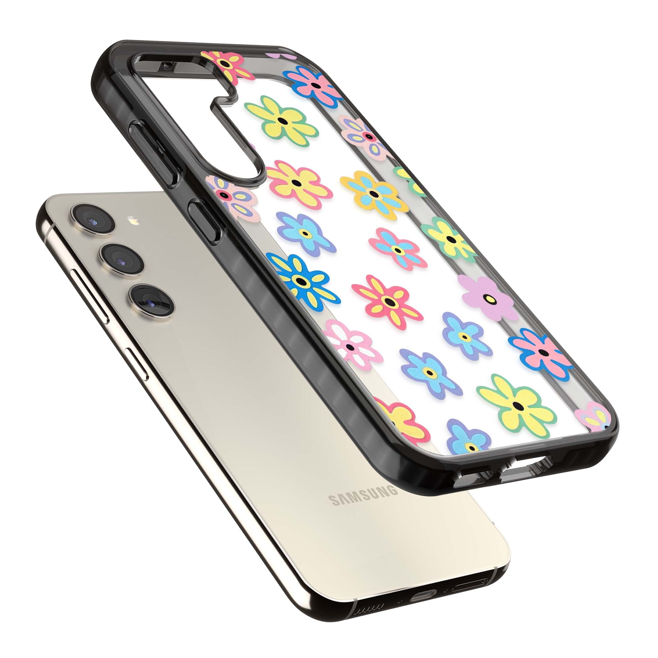 Bloom Pop cottagecore iPhone case featuring multicolor pastel flowers with black centers on clear background | Black Impact case for Samsung Galaxy S24, Samsung Galaxy S23, Samsung Galaxy S22