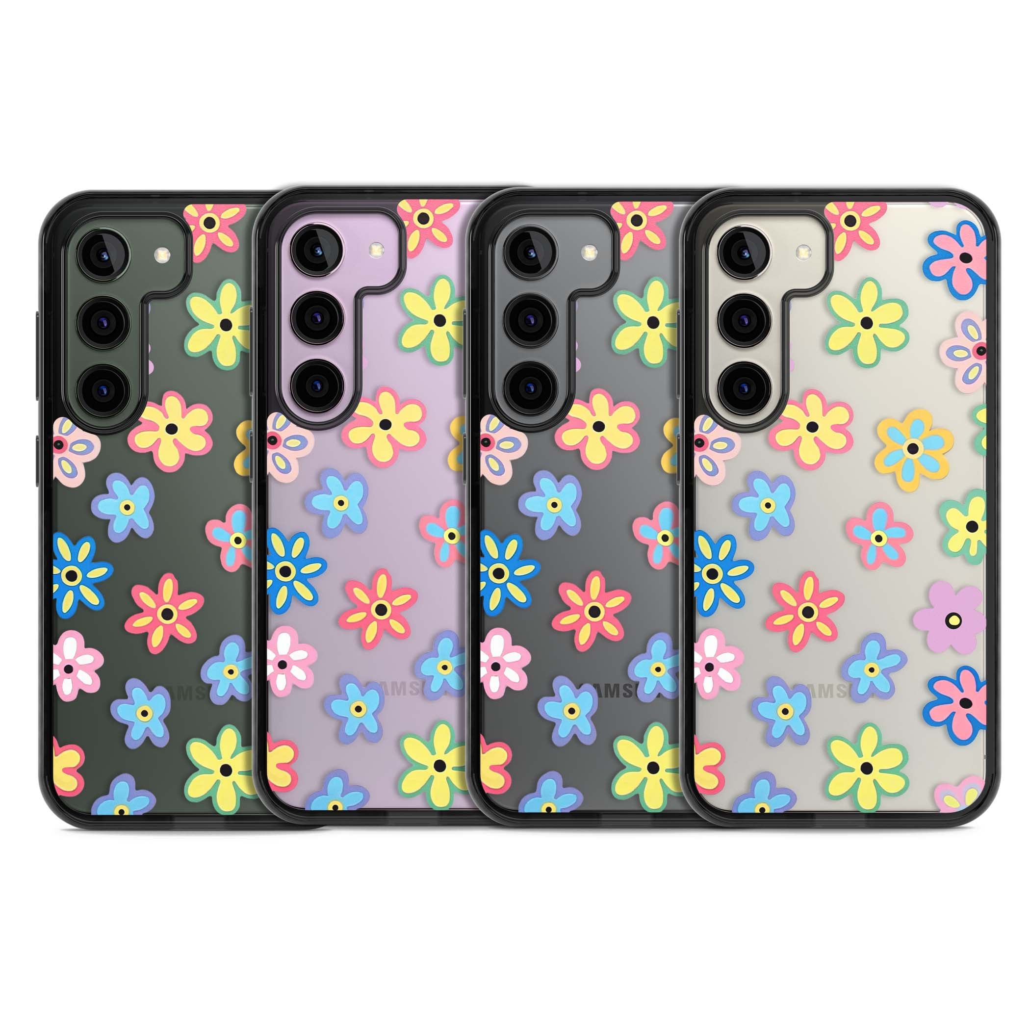 Bloom Pop cottagecore iPhone case featuring multicolor pastel flowers with black centers on clear background | Black Impact case for Samsung Galaxy S24, Samsung Galaxy S23, Samsung Galaxy S22